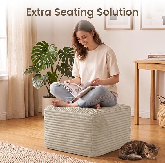 27.6 Boneless Ottoman, Plush Corduroy Ottoman Foot Rest for Boneless Couch in a Box, Compressed Soft Foam Footrest No Assembly Require, Large Square Footstool for Living Room, Bedroom, Beige
