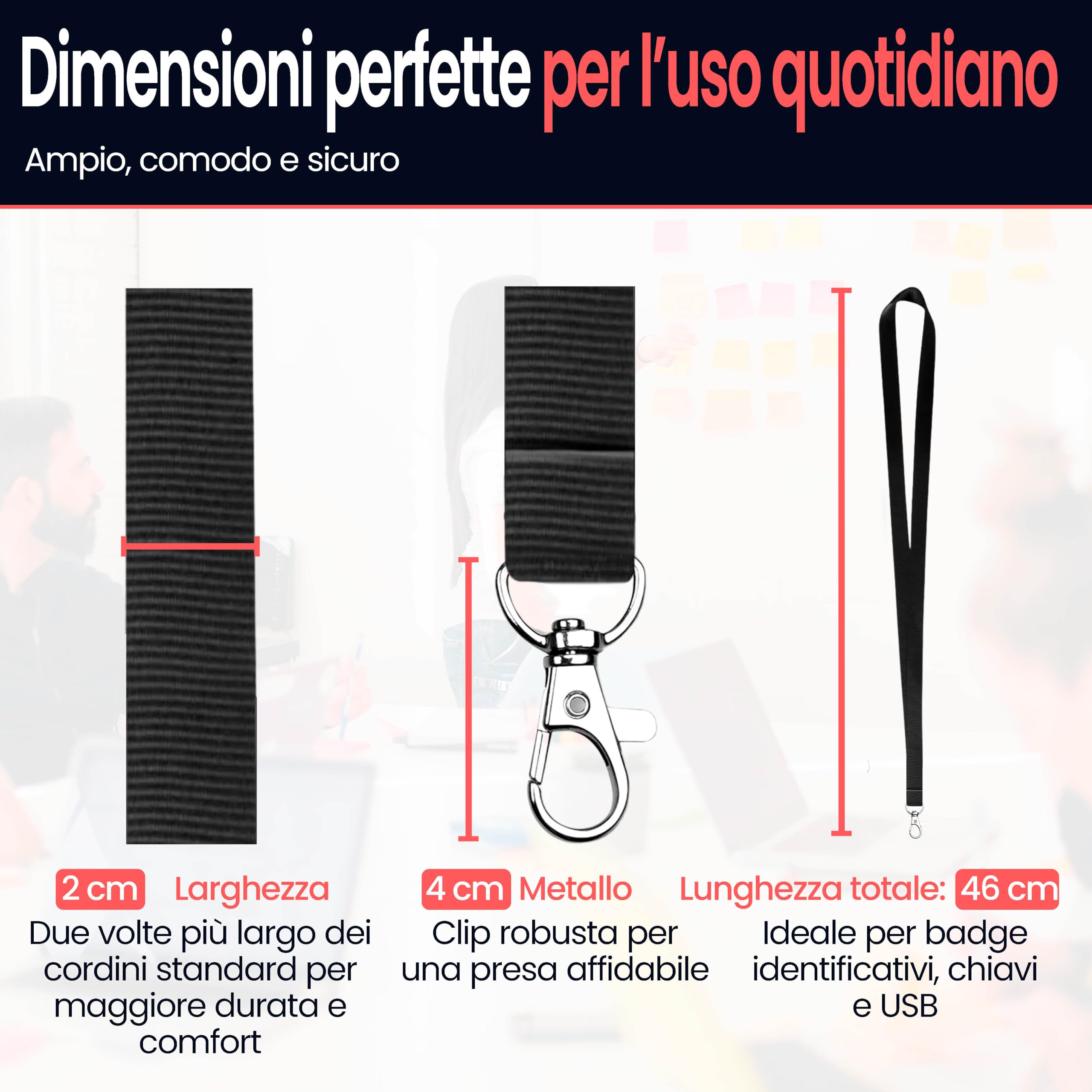 Porta Badge Da Collo Con Gancio In Metallo - Cordino In Poliestere 2cm x 46cm per Tessere, Chiavi, USB