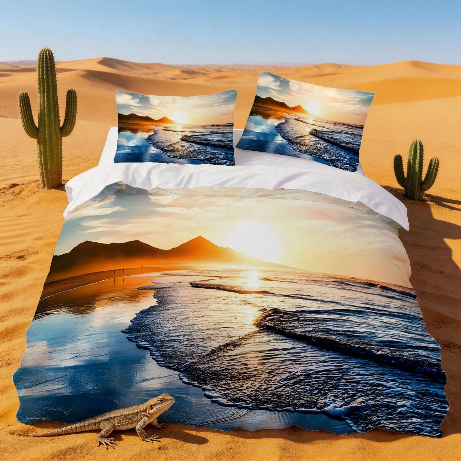 Housse de couette 240x260 plage et mer avec 2 taies d'oreiller pour lit 2 personnes