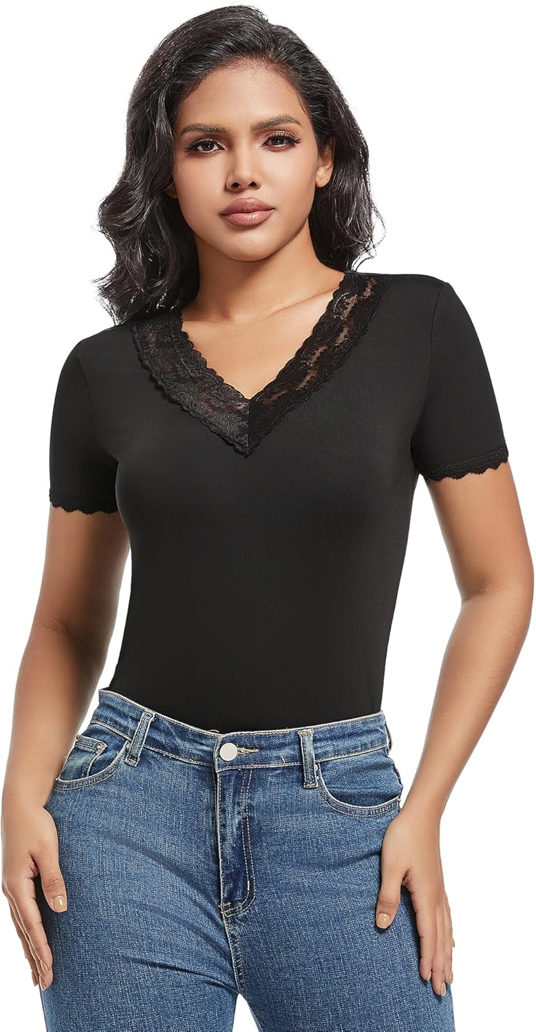 MANCYFIT Short Sleeve Thermal Shirts for Women Thermal Tops Lace V Neck Fleece Lined Tops for Women Base Layer - Image 4
