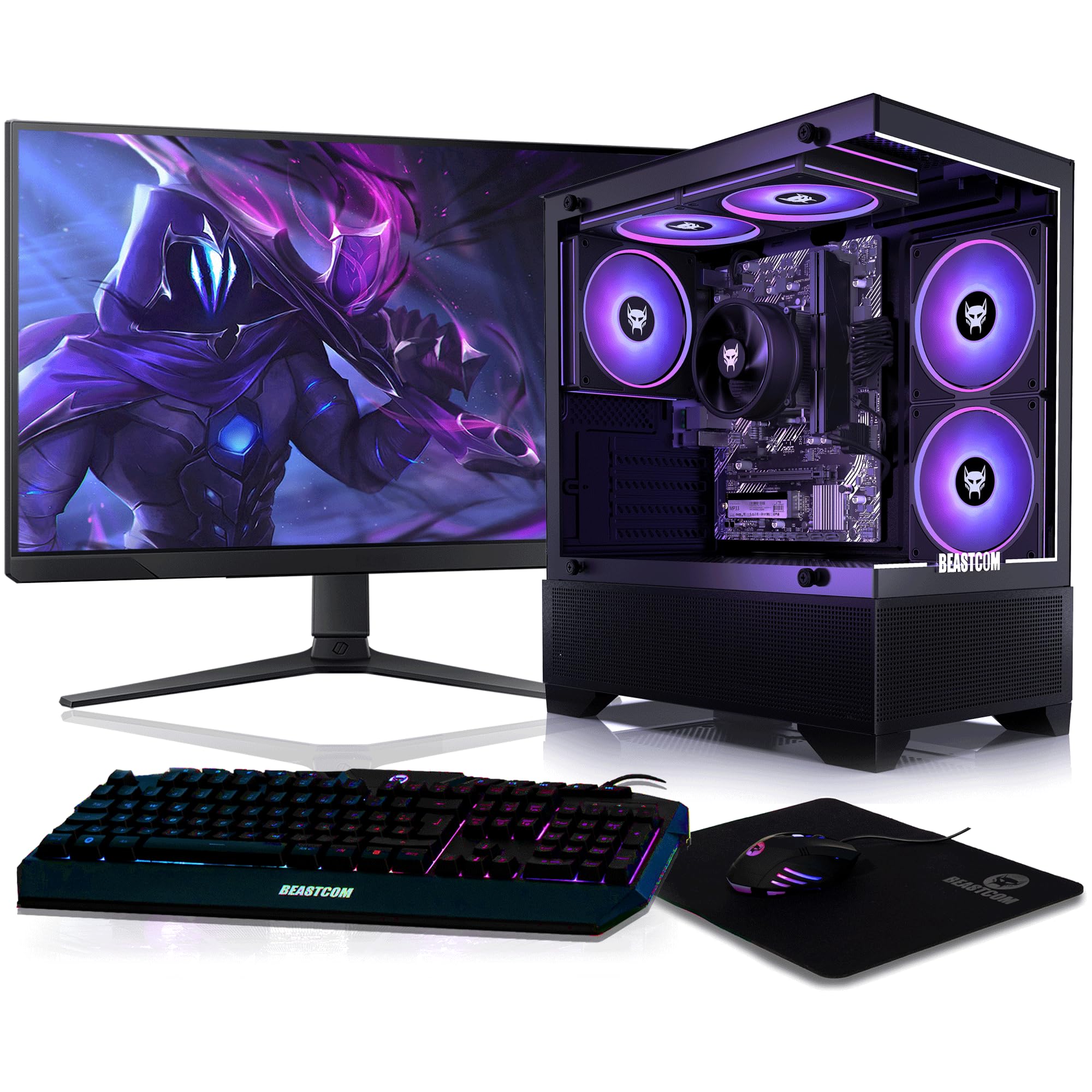 BEASTCOM Q3 Gaming PC Set Komplett, AMD Ryzen 5 6X 4,20GHz 12 Threads, 4K Vega Radeon Grafik, 16GB RAM, 1TB SSD + Monitor LED 24" + Tastatur + Maus + Mauspad, WLAN, Win 11 Pro