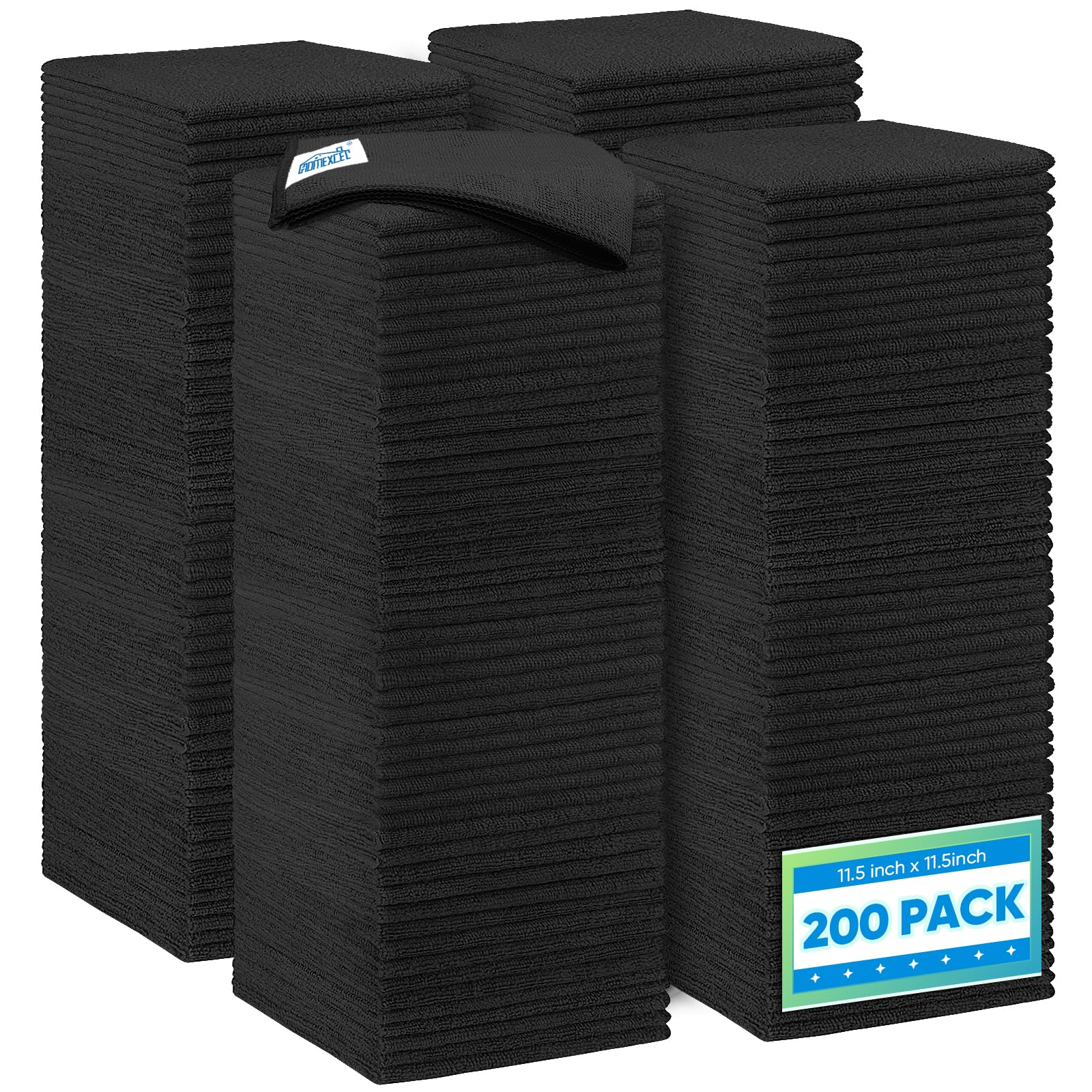 HOMEXCEL Black Microfiber Cleaning Cloth 200 Pack, 11.5 x 11.5 inch Bulk Shop Towels | Reusable Cleaning Rags for Cars, Kitchen, Window, Garage and House, Ultra Absorbent, Lint Free, Streak Free