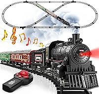 Hot Bee RC Train Set for Christmas Tree: Rechargeable Metal Train with Smoke, Lights, Sounds, Glowing Carriages & Remote Control Tracks for Kids 3-10