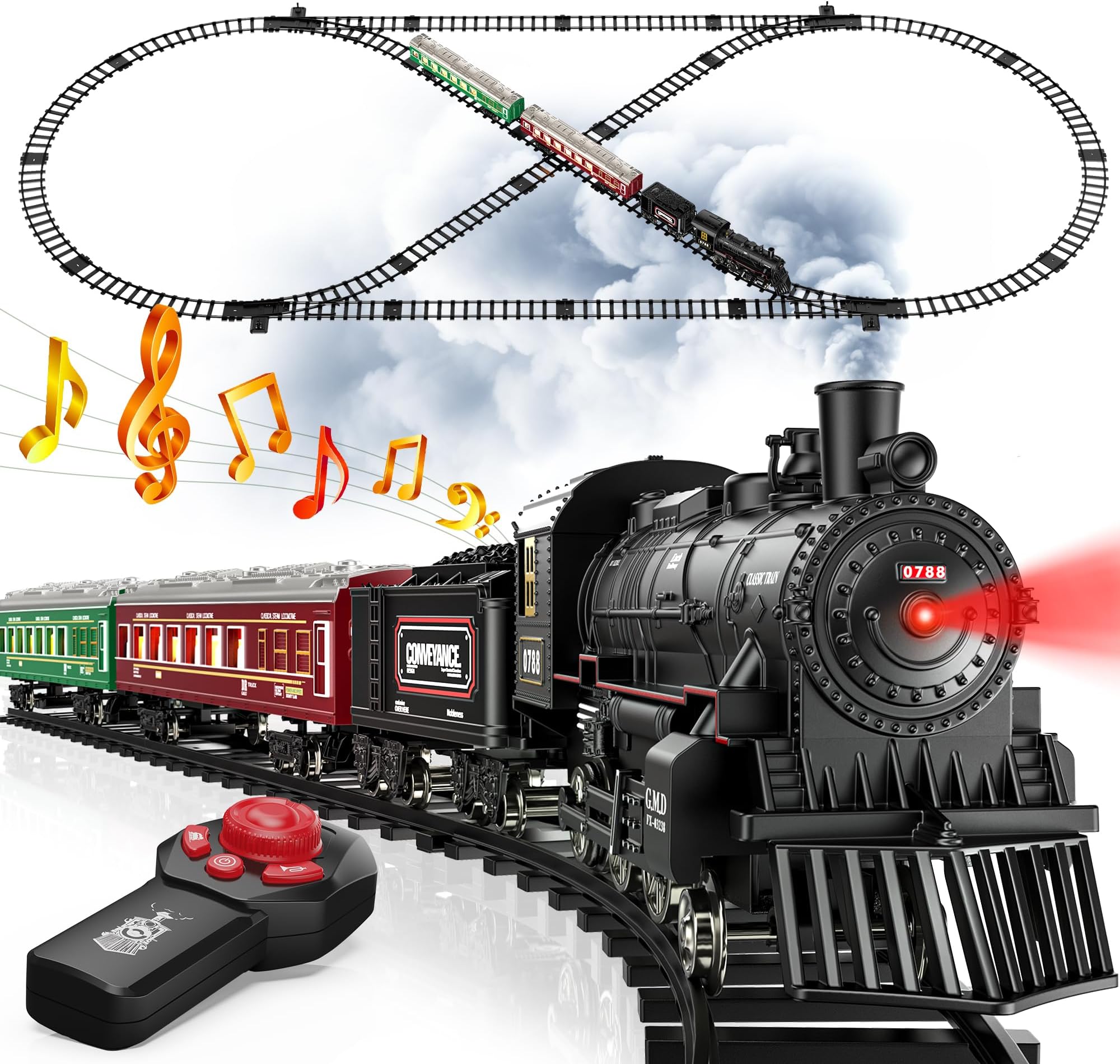 Train Set, Remote Control Train Toys with Luxury Track & Glowing Passenger Carriages, Metal Christmas Tree Train with Smoke, Light and Sound, Toy Train Set for 3 4 5 6 7+ Years Old Boys Gifts