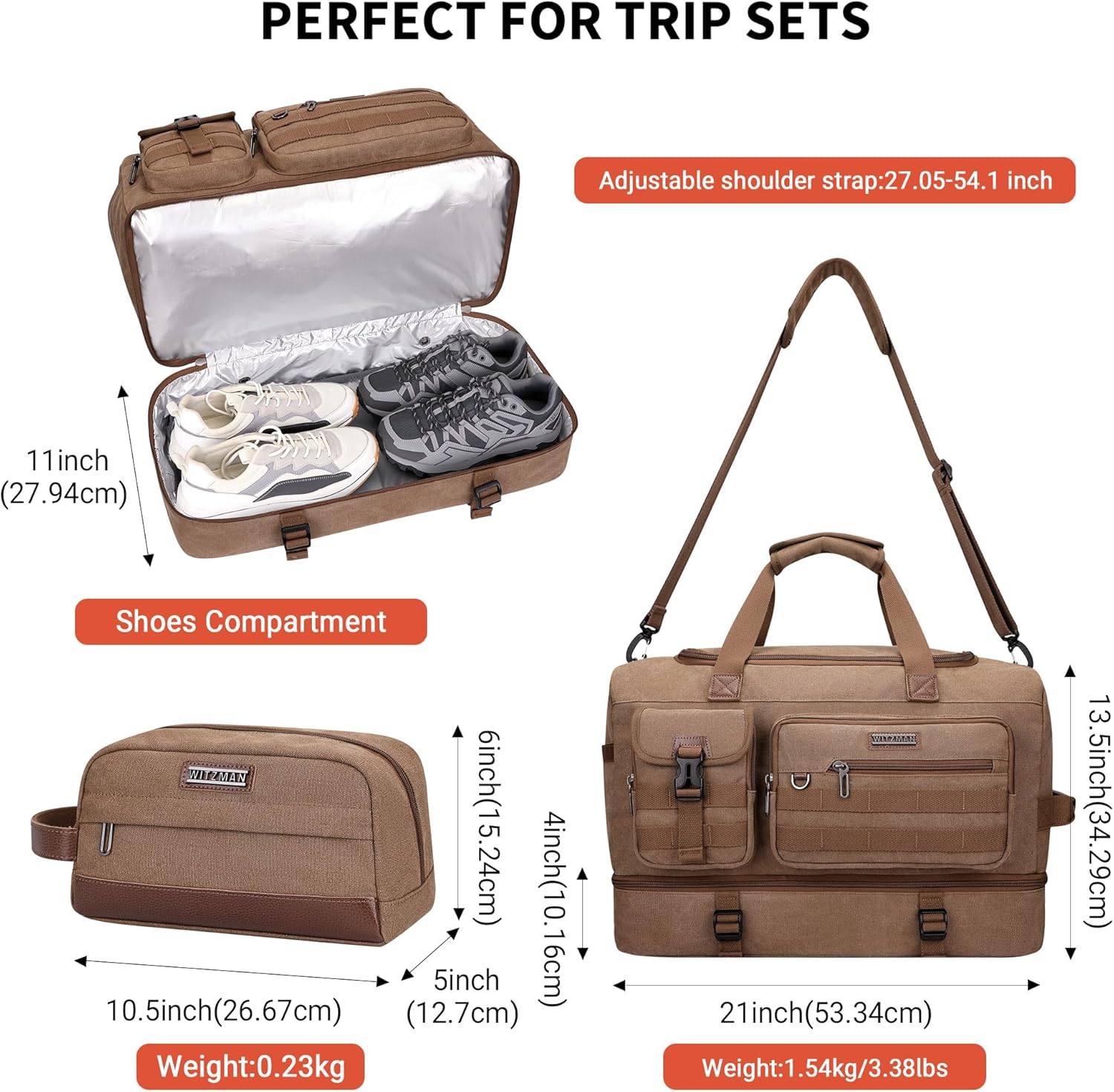 WITZMAN Duffle Bag for Men 50L Canvas Weekender Overnight Bag with Toiletry Bag Sets Travel Duffel Bag Shoes Compartment(A8010-2 Brown) - Image 5