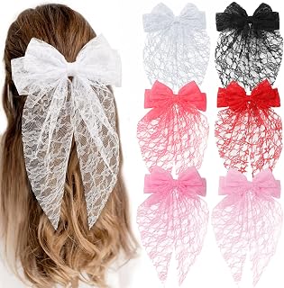 6 PCS Pink Lace Hair Bows, Oversized 7.9 Inch Big Ribbon Bow Hair Clips for Women Girls, Soft Lace Material Bow Barrettes with Sturdy Alligator Clip, Pink Shades Hair Accessories Gift Set
