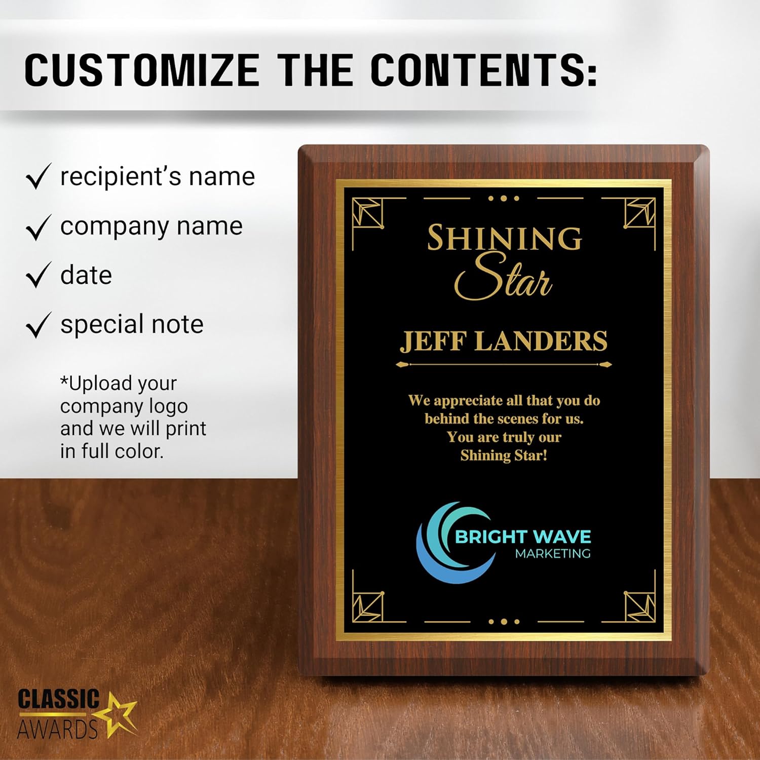 Elegant Custom Plaque - Add Your Own Text or Logo - Personalized Award Plaque for Employee of the Month, Ideal as Recognition Awards for Employees, Retirement, and Service Appreciation (Shining Star 2, 7" x 9")