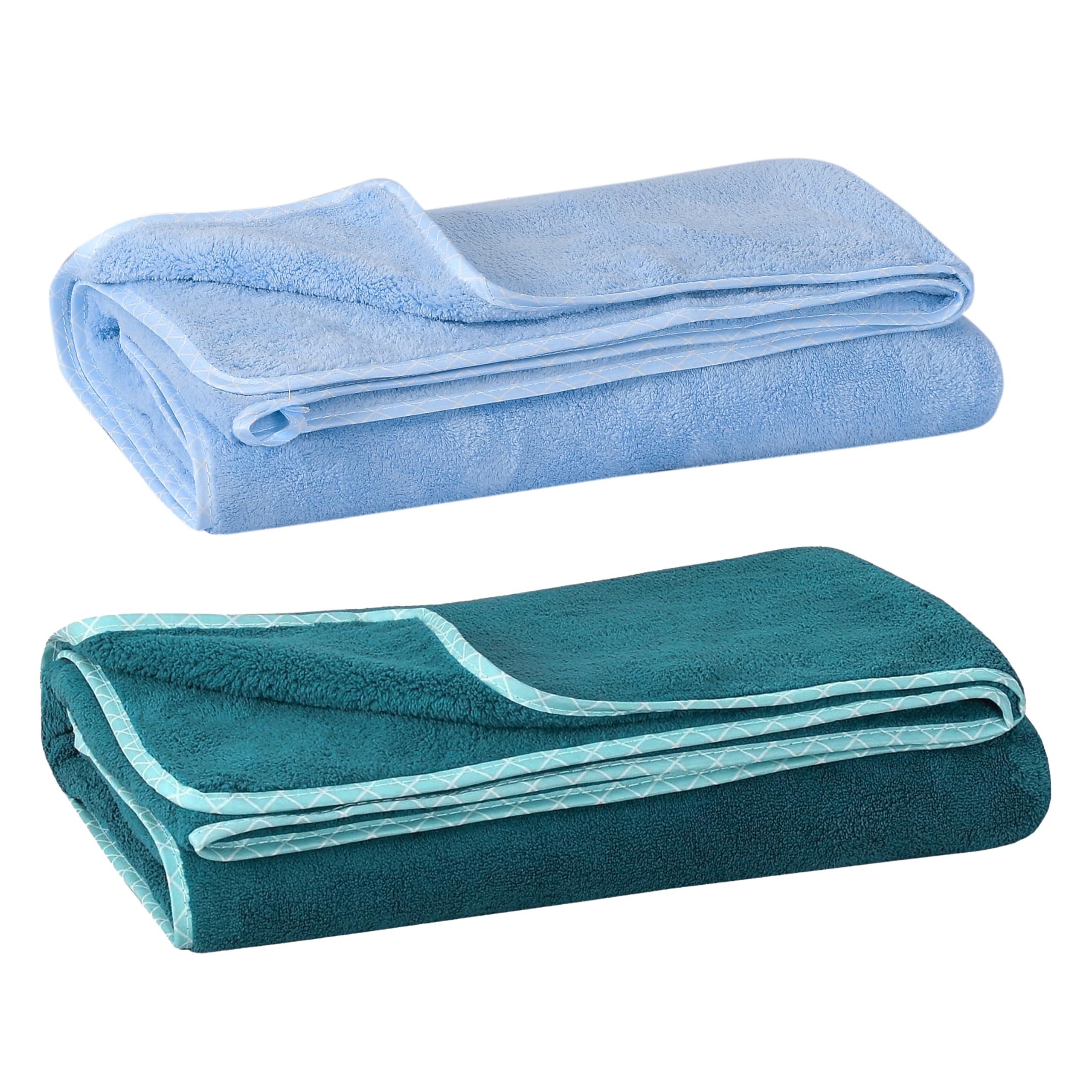 UrbanLeaf Microfiber Large Bath Towel | Quick Dry Super Absorbent - Bath Towel for Men and Women | Peacock Green & Sky Blue | Towel for Bath, Travel, Gym, Beach, Pool, and Yoga (70 X 140 Cms), 250 TC