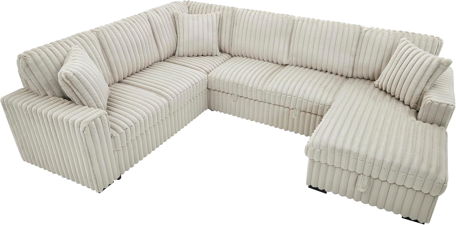 LUSPAZ 122 Inch Convertible U-Shape Sectional Sofa for Living room, Apartment and Restaurant,6 Seater Rabbit Plush Fabric Large Sleeper Couch with USB Ports, Comfy Upholstered and Storage Chaise,Khaki