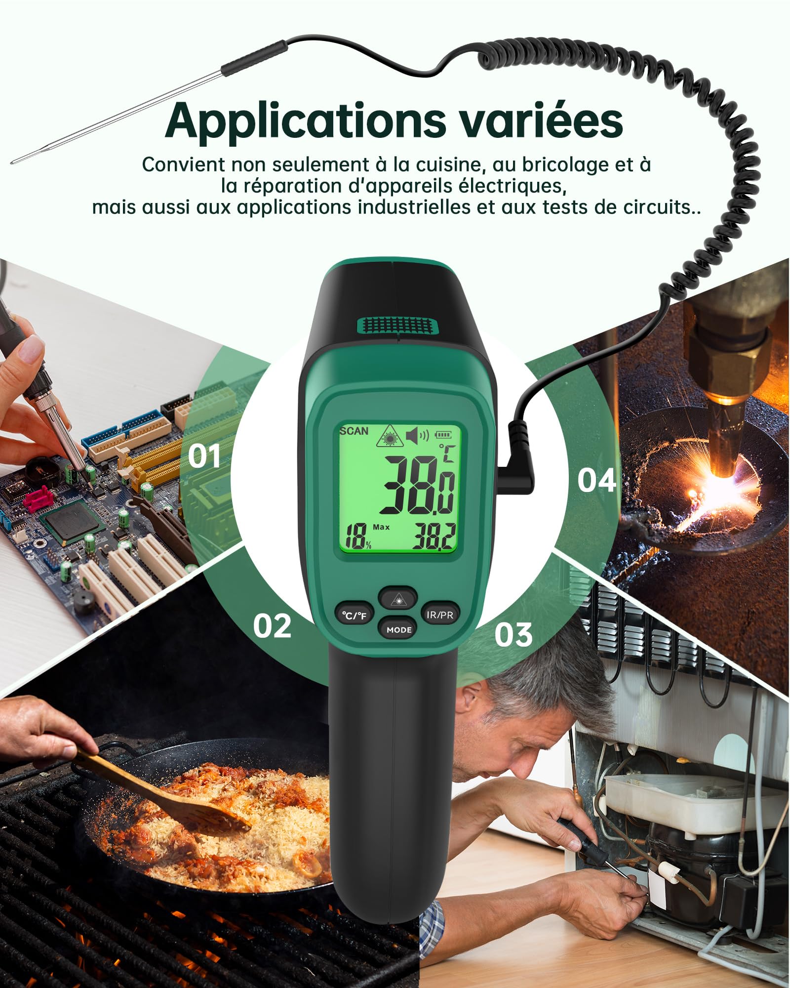 Thermomètre infrarouge ERICKHILL de -50 °C à 800 °C, thermomètre laser numérique sans contact avec sonde à viande de -50 °C à 300 °C, émissivité réglable - Convient pour la cuisson/grillage