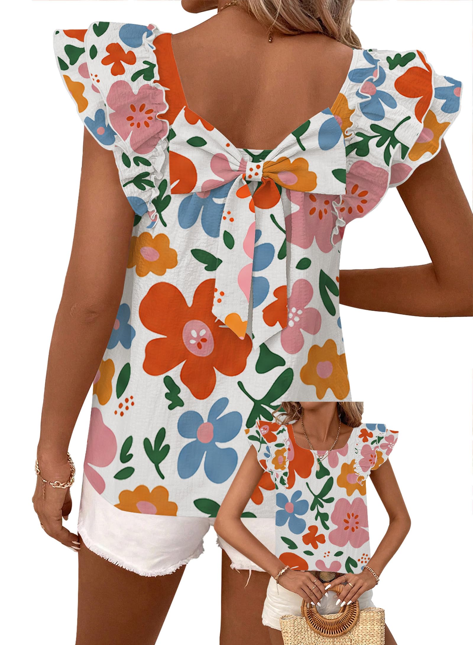 Falechay Womens Bow Tie Back Tops Babydoll Vneck Ruffle Short Sleeve Shirts