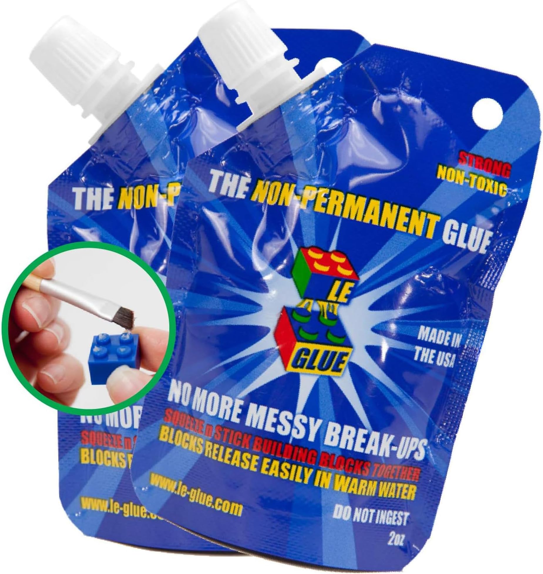 Le Glue Temporary Glue, 2 Pack – Non-Permanent Adhesive for Plastic Building Blocks, No More Messy Break-Ups – Safe, Non-Toxic Formula – As Seen on Shark Tank, Created for Kids, by a Kid