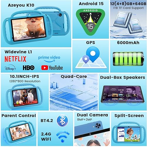 Miniatura 2 de Azeyou Tableta para niños Android 15 de 10 pulgadas para niños, 12 GB de RAM, 64 GB de ROM (1 TB expandible) con funda, batería de 6000 mAh,
