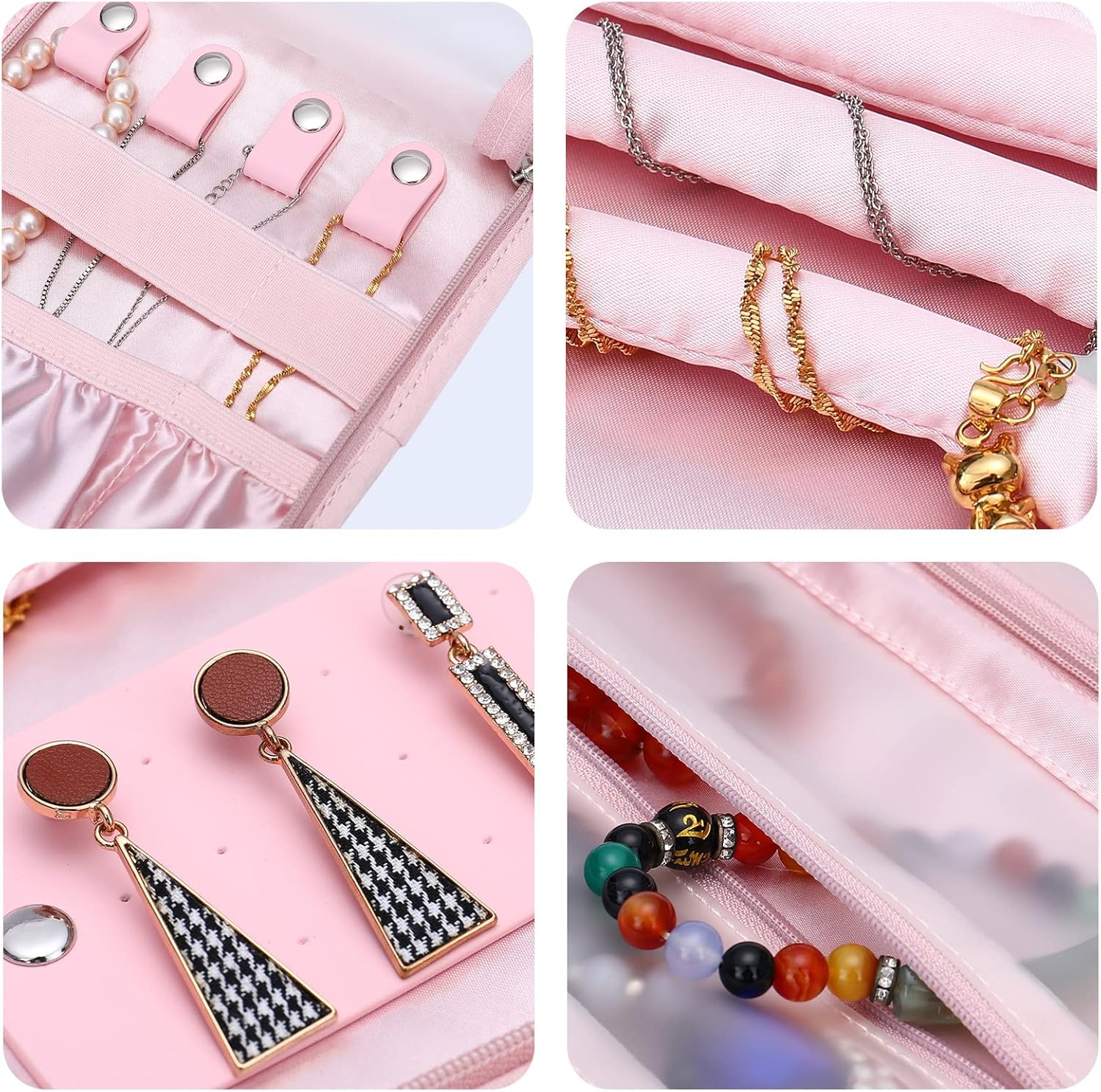 MOSISO Jewelry Box&Travel Jewelry Organizer Roll Case, Jewelry Storage Case Organizer Stackable Double Layer Lockable Display Necklace Earring Bracelet Ring Watch Brooch Holder, Black&Pink