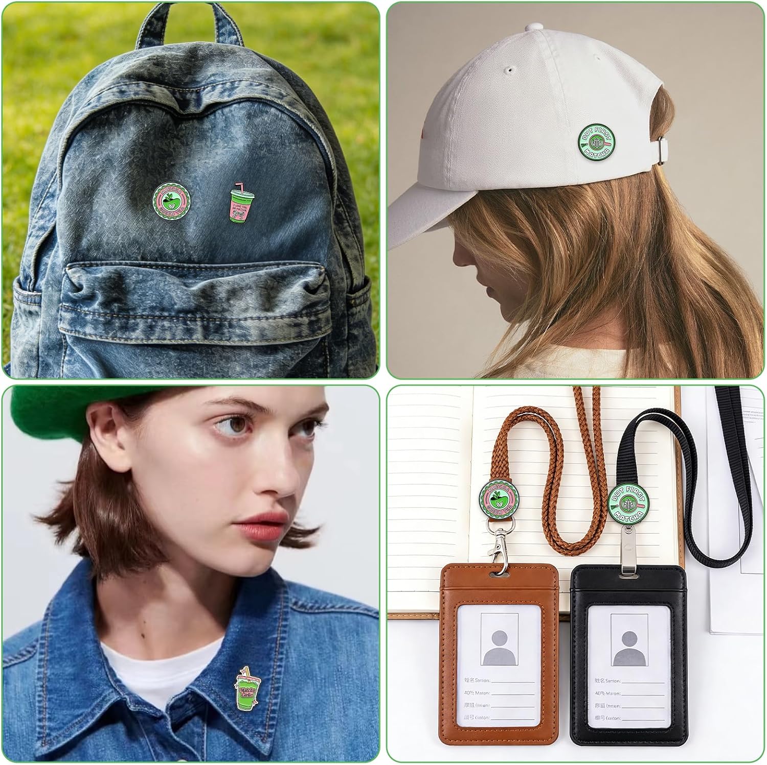 4Pcs Matcha Enamel Pins for Women Cute Novelty Lapel Pin for Backpacks Hats Jackets Lovely Aesthetic Button Badge Brooch Pin Fashion Jewelry Accessories for Purses Lanyards Matcha Lover Gift