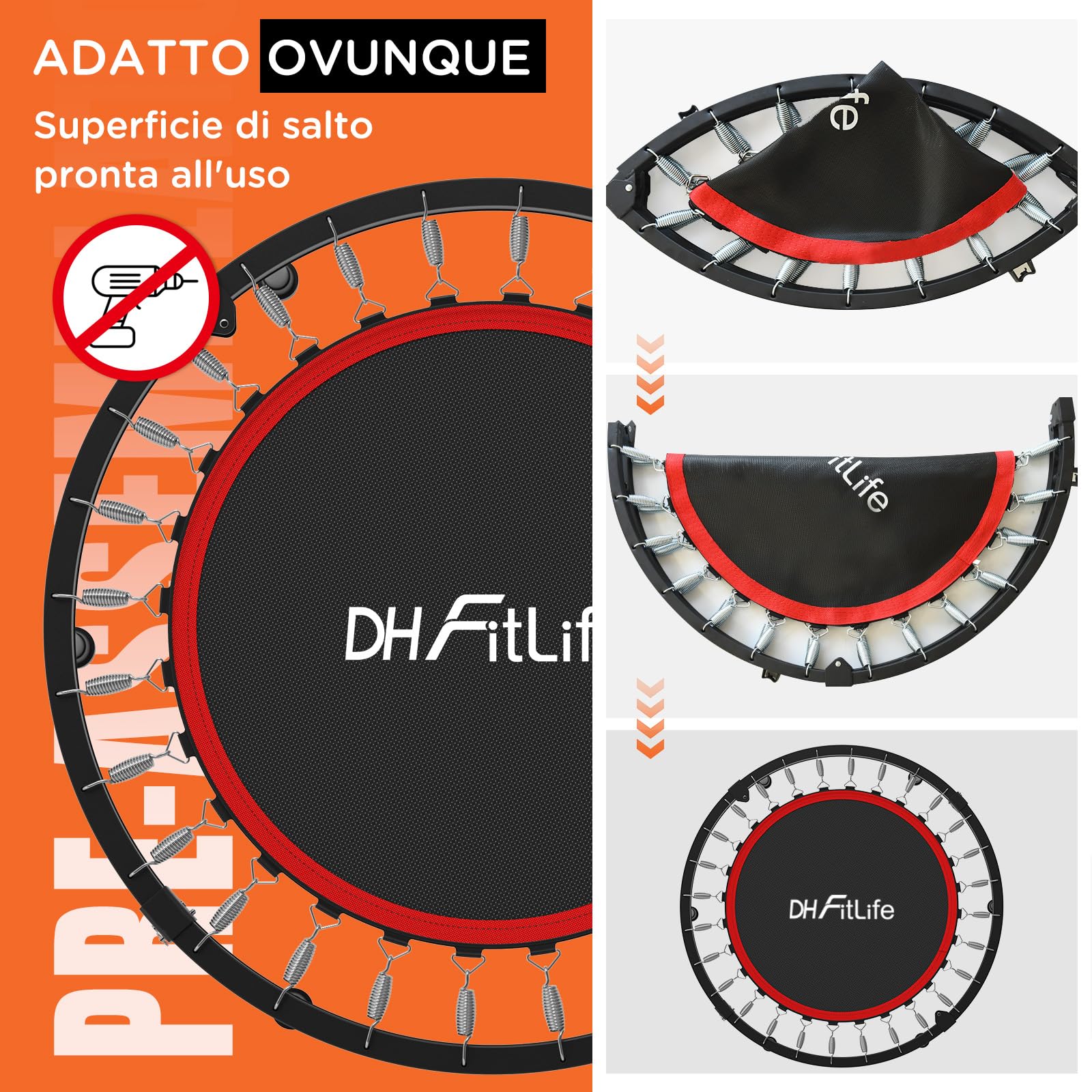 DH FitLife Trampolino Fitness Pieghevole per Interni senza Installazione | Ø 102 cm 40 Pollici Mini Trampolino | Portata 150 kg | Manico Regolabile a 4 Livelli | Stabile e Resistente