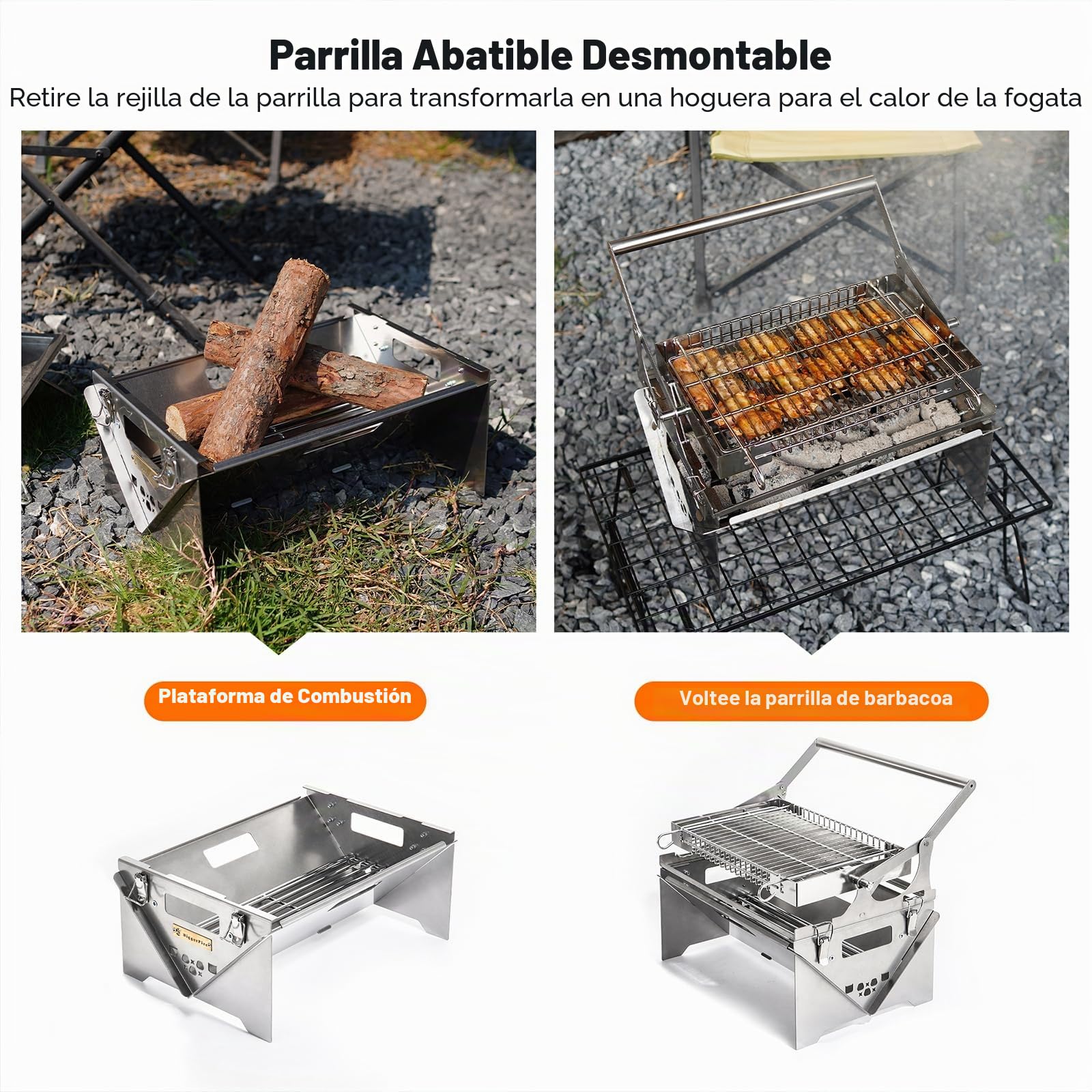 Parrilla giratoria de 360°, parrilla de barbacoa giratoria de acero inoxidable, parrilla portátil de carbón para acampar al aire libre, parrilla portátil desmontable para picnic, patio