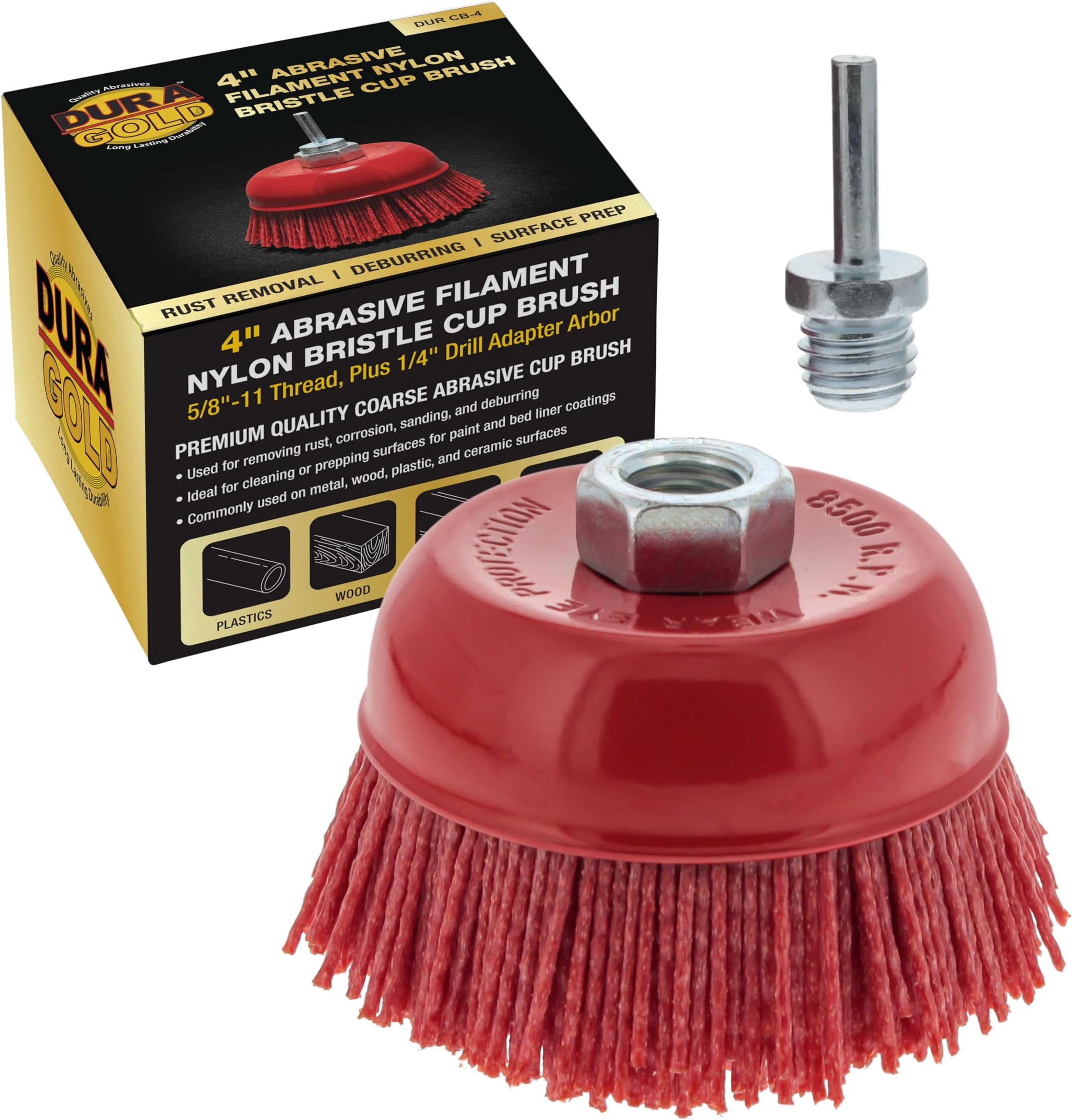 Dura-Gold 4" Abrasive Filament Nylon Bristle Cup Brush - 5/8" 11 Thread, 1/4" Hex Drill Shank Arbor, Coarse Grit Angle Grinder Brush for Truck Bed Liner Surface Prep, Sanding, Rust & Paint Removal