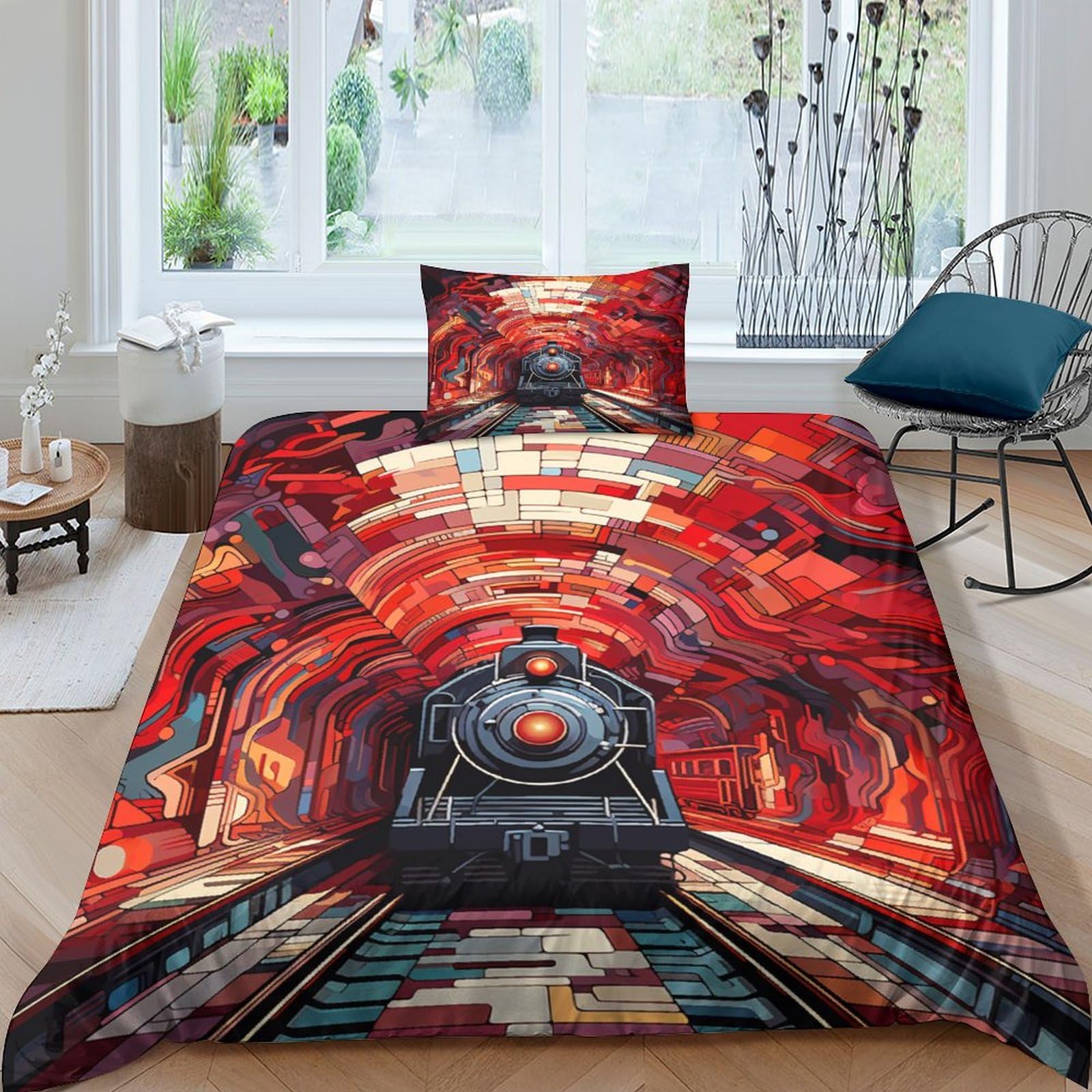 Train 3D Printed Duvet Cover with Pillowcases Anime Bedding Set with Zipper Closure Hypoallergenic Soft Microfiber Quilt Cover Set Single（135x200cm）