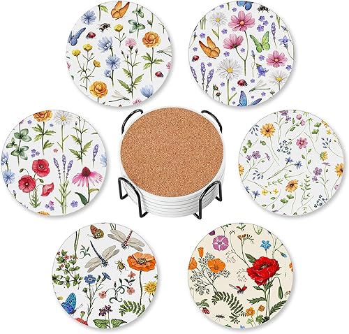 Miniatura 1 de 6 posavasos con soporte, diseño de flores botánicas, redondas, absorbentes de cerámica, para protección de mesa, para taza de café, bebidas, vino,