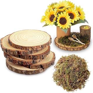 Leinuosen 6 Pcs 7-8 Inch Wood Slices for Centerpieces with 5.3oz Fake Green Moss Wood Rounds for Christmas Tables Decor Large Unfinished Rustic Discs for Crafts Wedding Baby Shower Woodland Ornaments