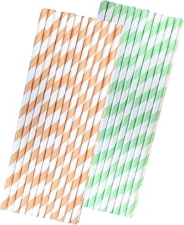 Striped Paper Straws - Mint Green Peach White - 7.75 Inches - Pack of 50 Outside the Box Papers Brand