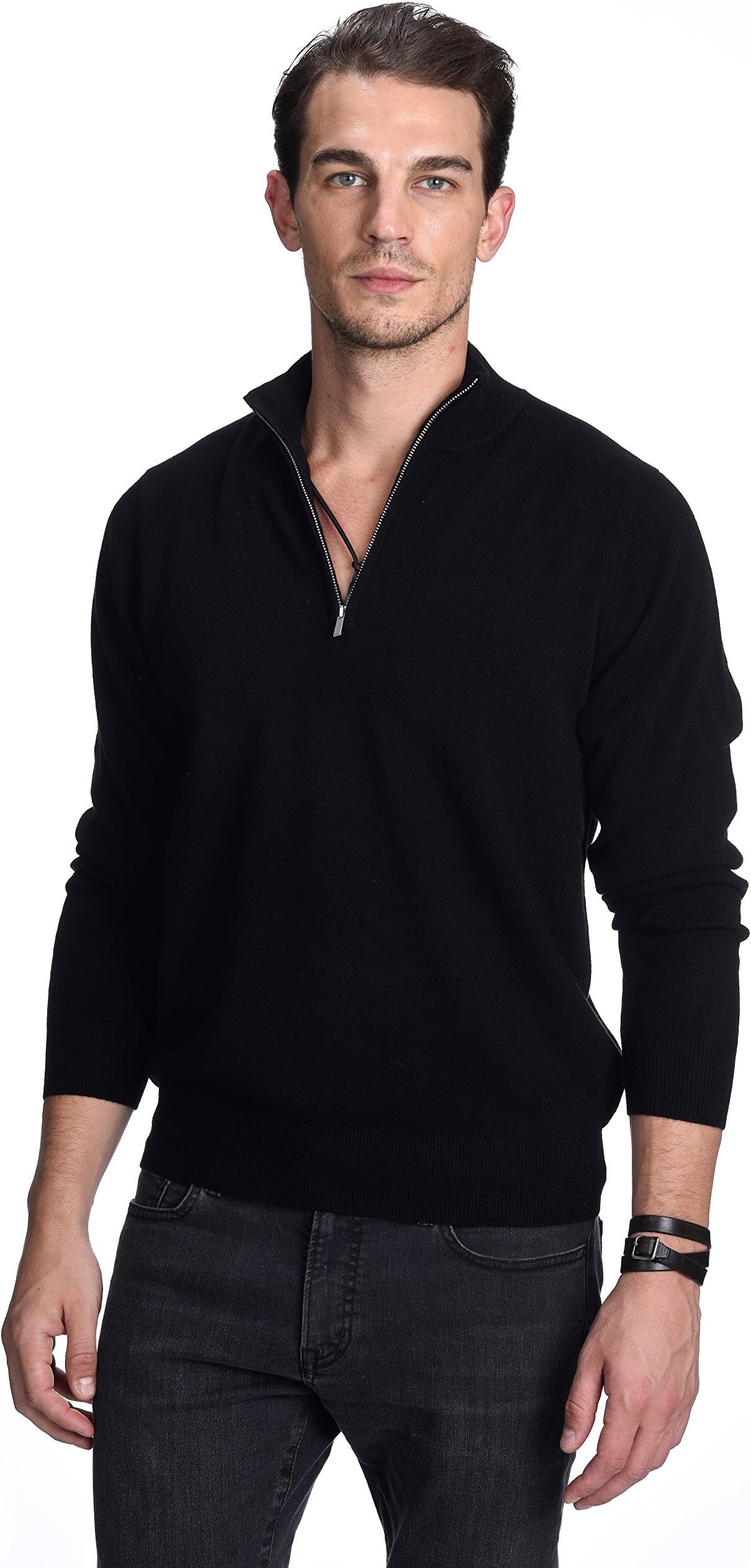 Men's Half Zip Mock Neck Sweater 100% Pure Cashmere Polo Neck Pullover