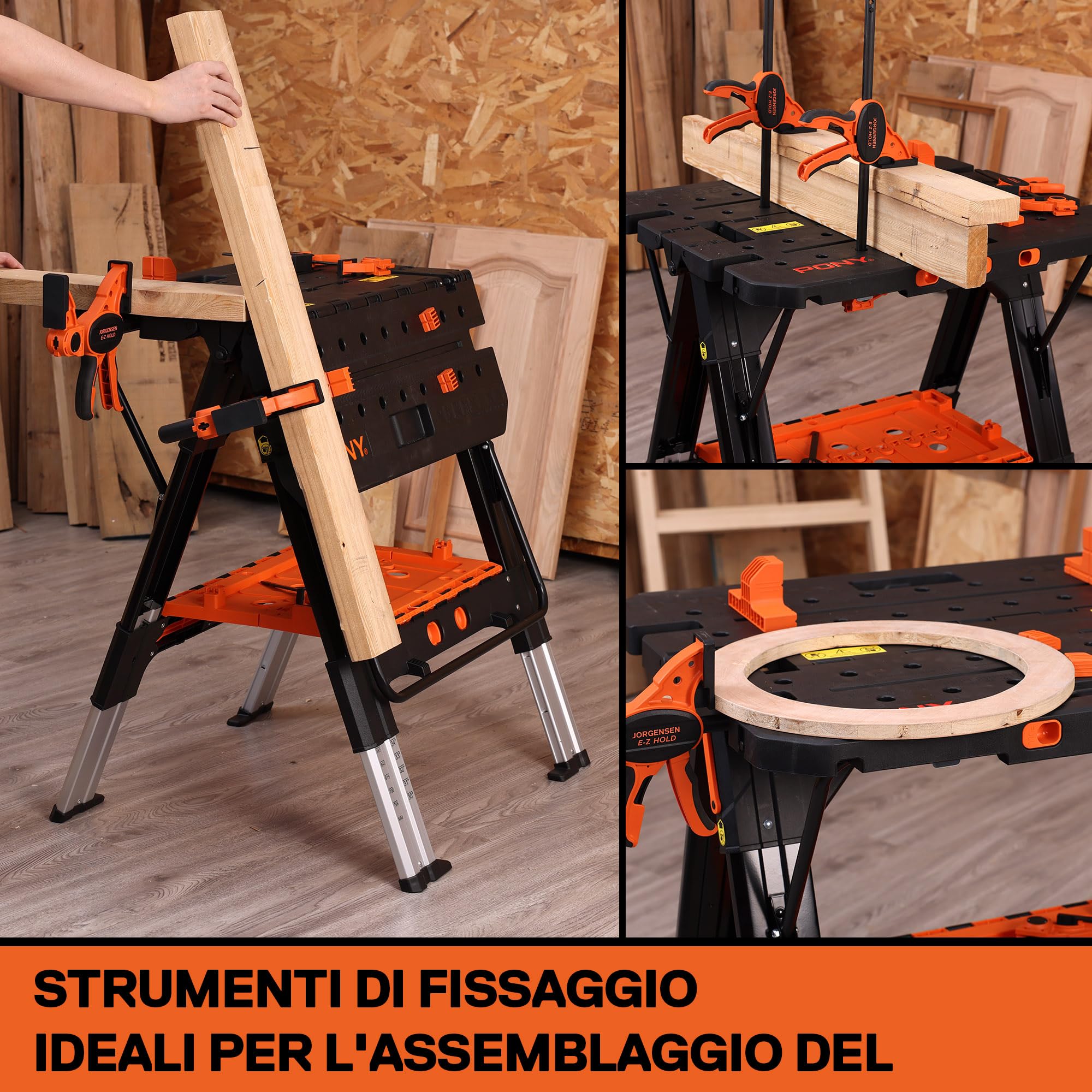PONY Tavolo da lavoro 2 in 1 con 2 morsetti trigger