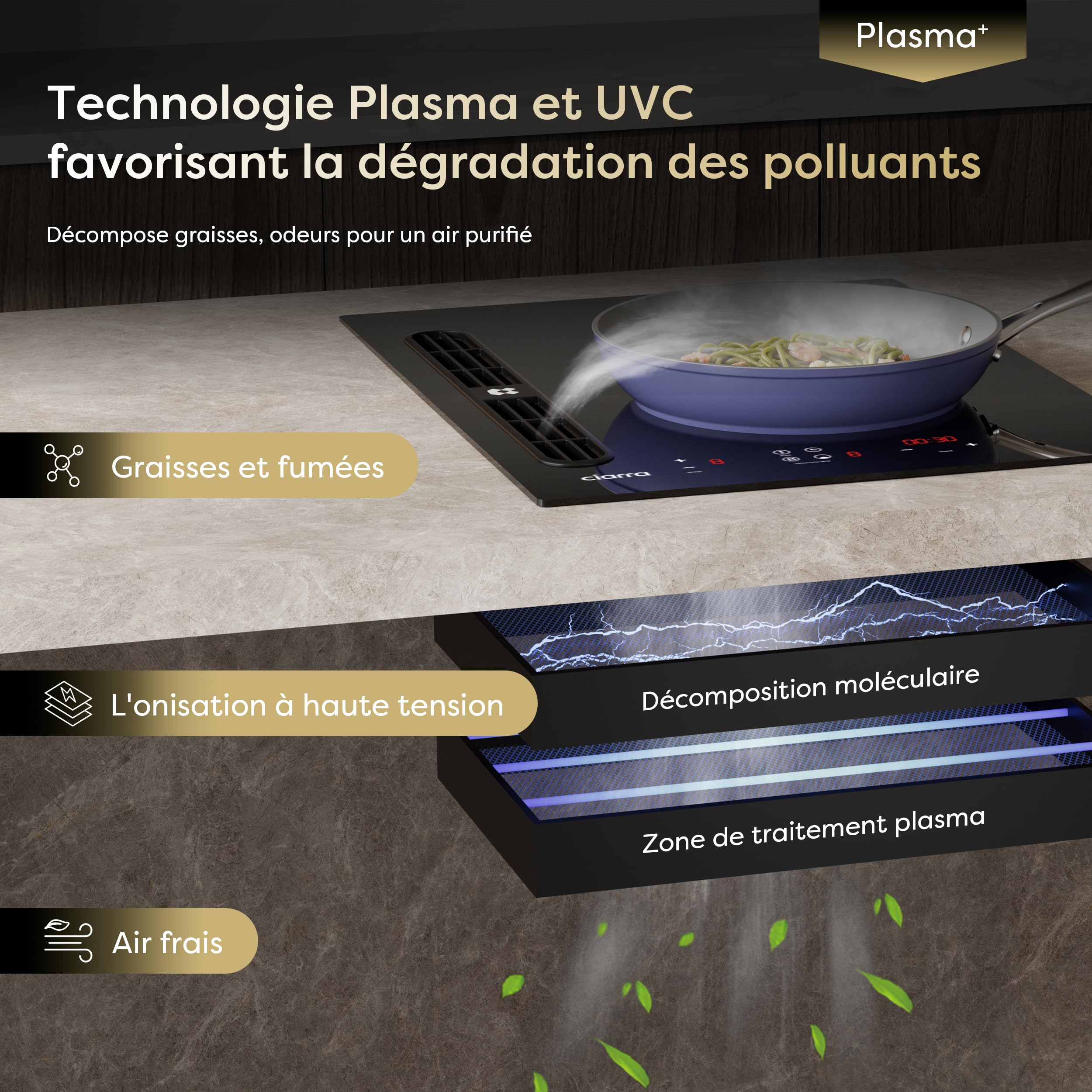 CIARRA ONE CBBEH392BF Plaque de cuisson à induction avec hotte aspirante, hotte de table intégrée, 39 cm, 2 plaques, Flexzone, 9 niveaux, sécurité enfant, minuterie, Stop & Go Booster