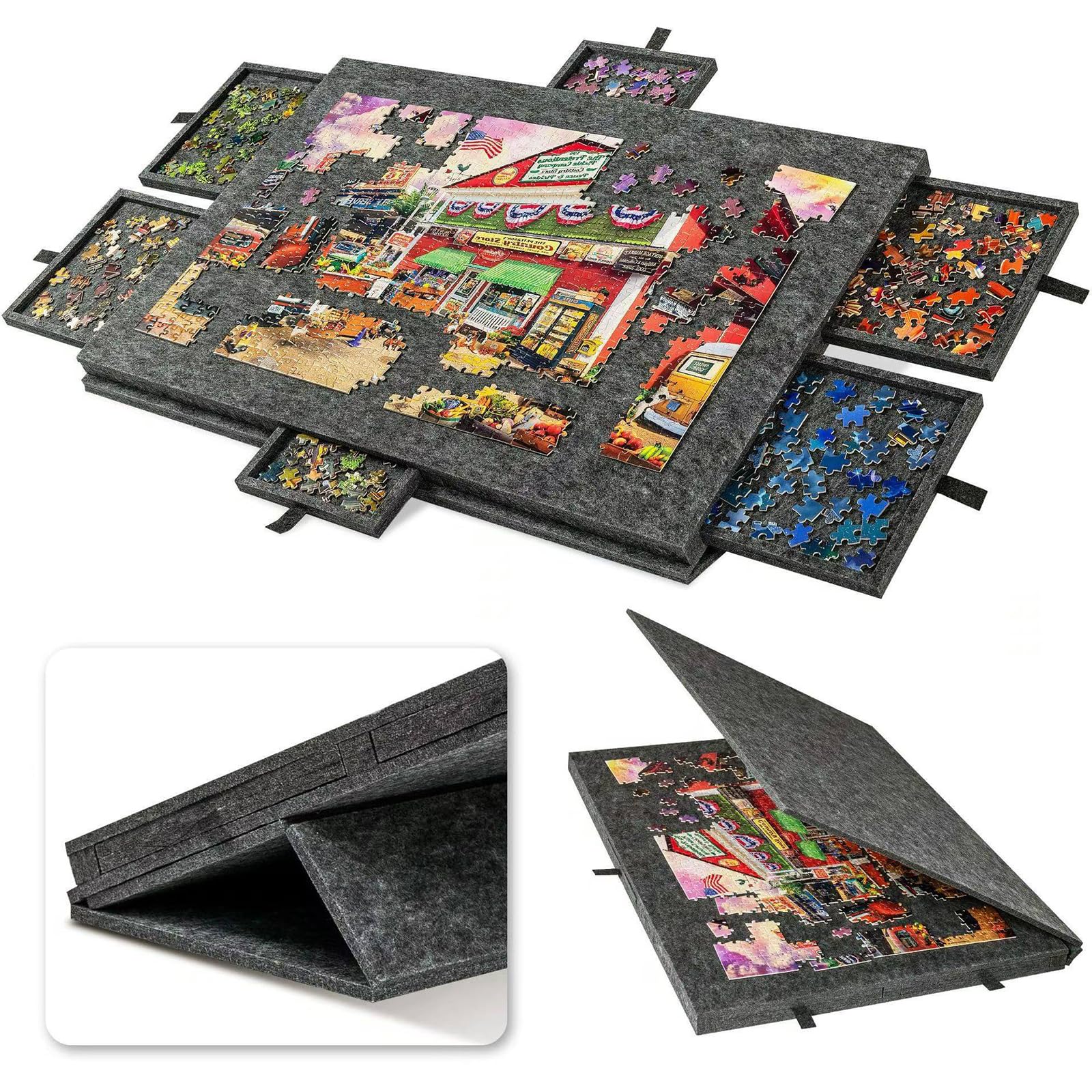Puzzlebrett 2-in-1 mit 6 Sortierschubladen, Filz-Puzzletisch, Tragbarer Puzzle-Ständer mit Schutzhülle, Leicht und Stabil, für 1000 Teile