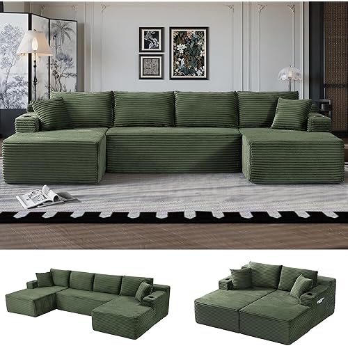 133" Oversized Cloud Boneless Sofa Couch with Chaise, Modern Corduroy U Shaped Modular Sectional Sofa with Deep Seat, Comfy Couch with Cupholders and Storage, No Assembly Required-Green