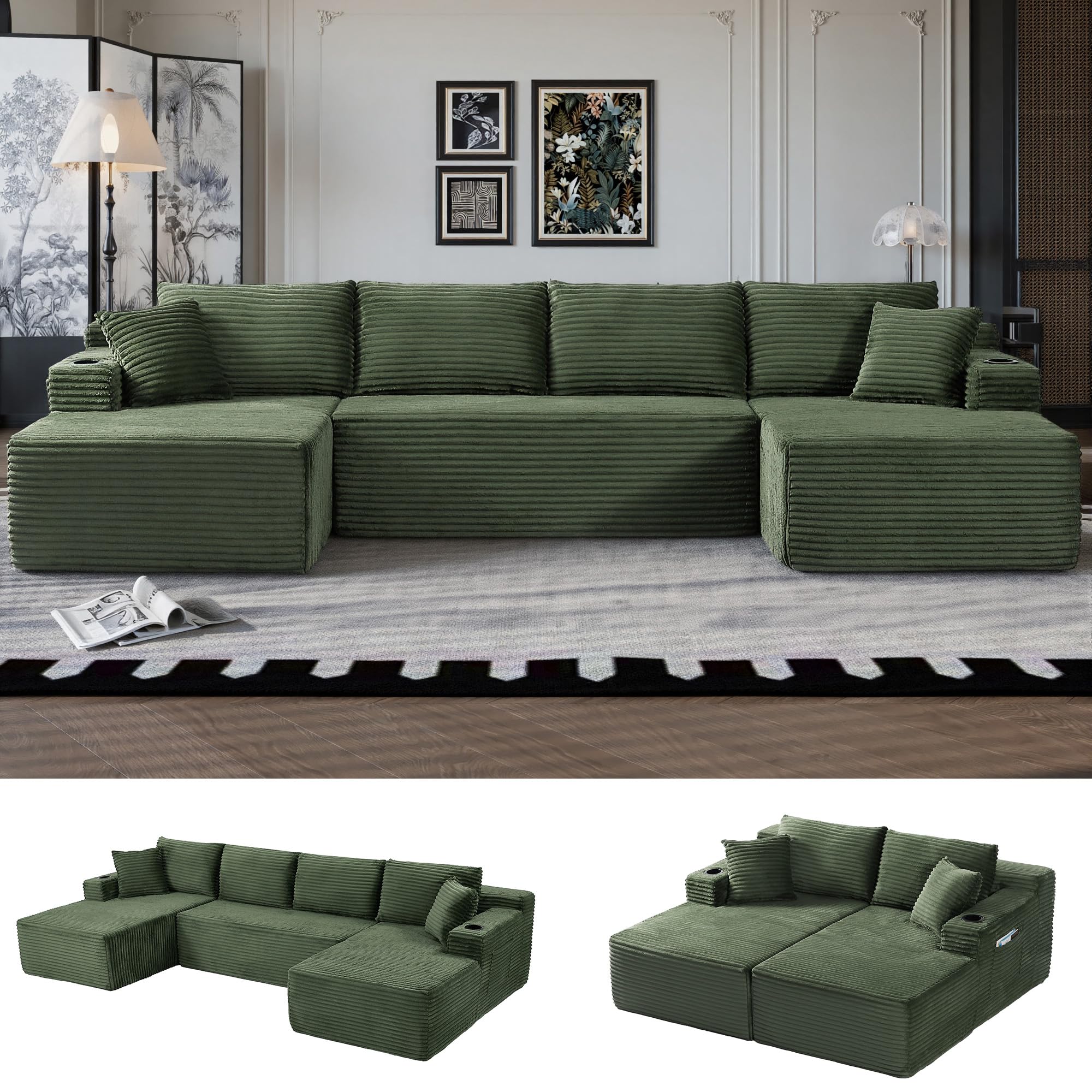 Oversized Cloud Boneless Couch with Chaise, Modern Modular Sofa with Deep Seat, Corduroy Upholstered U Shaped Couch for Living Room, No Assembly Required (Green)