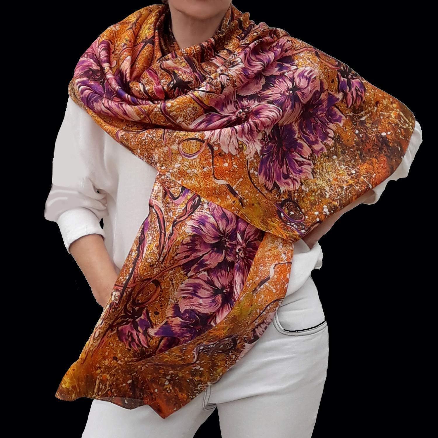 Large Silk Scarf, Fashion Deluxe Long Gold Shawl for Lady, Women Gift
