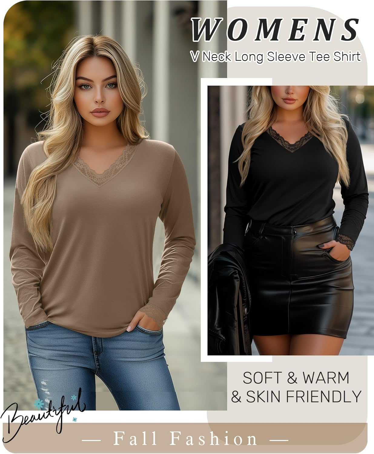 3 Pack Women's Plus Size Long Sleeve T-Shirts, Lace V Neck Loose Fit Tops Casual Fall Shirts Basic tee for Leggings - Image 6