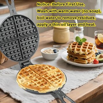 Cast Iron Waffle Maker for Stovetop or Camping Grill Two Piece Hinged Non Electric Waffle Iron Makes 7 Round Waffles