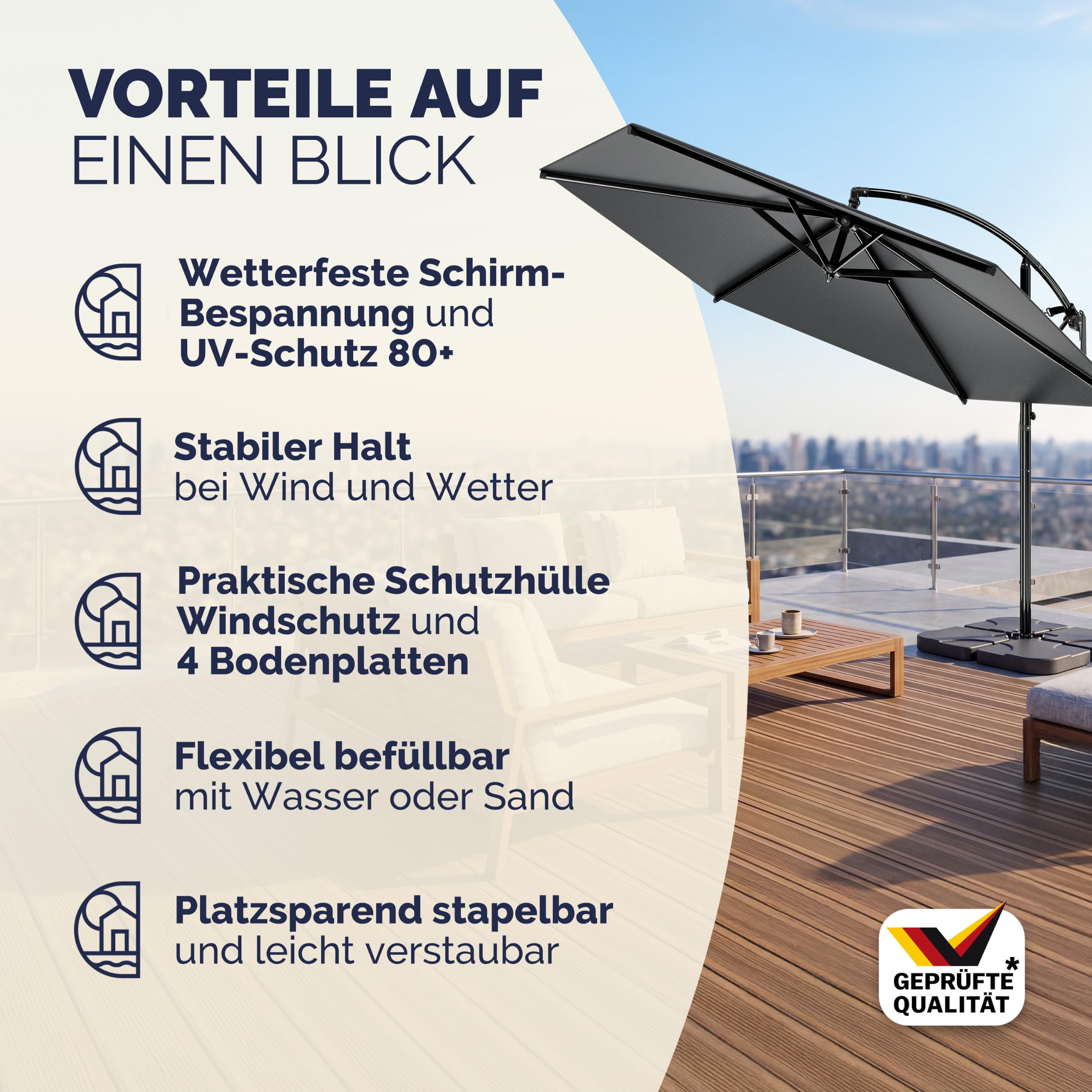Casaria® Ampelschirm 300/350 cm Komplettset inkl. 4 Gewichte & Schutzhülle - Garten Sonnenschirm UV 80+ neigbar schwenkbar mit Kurbel rund