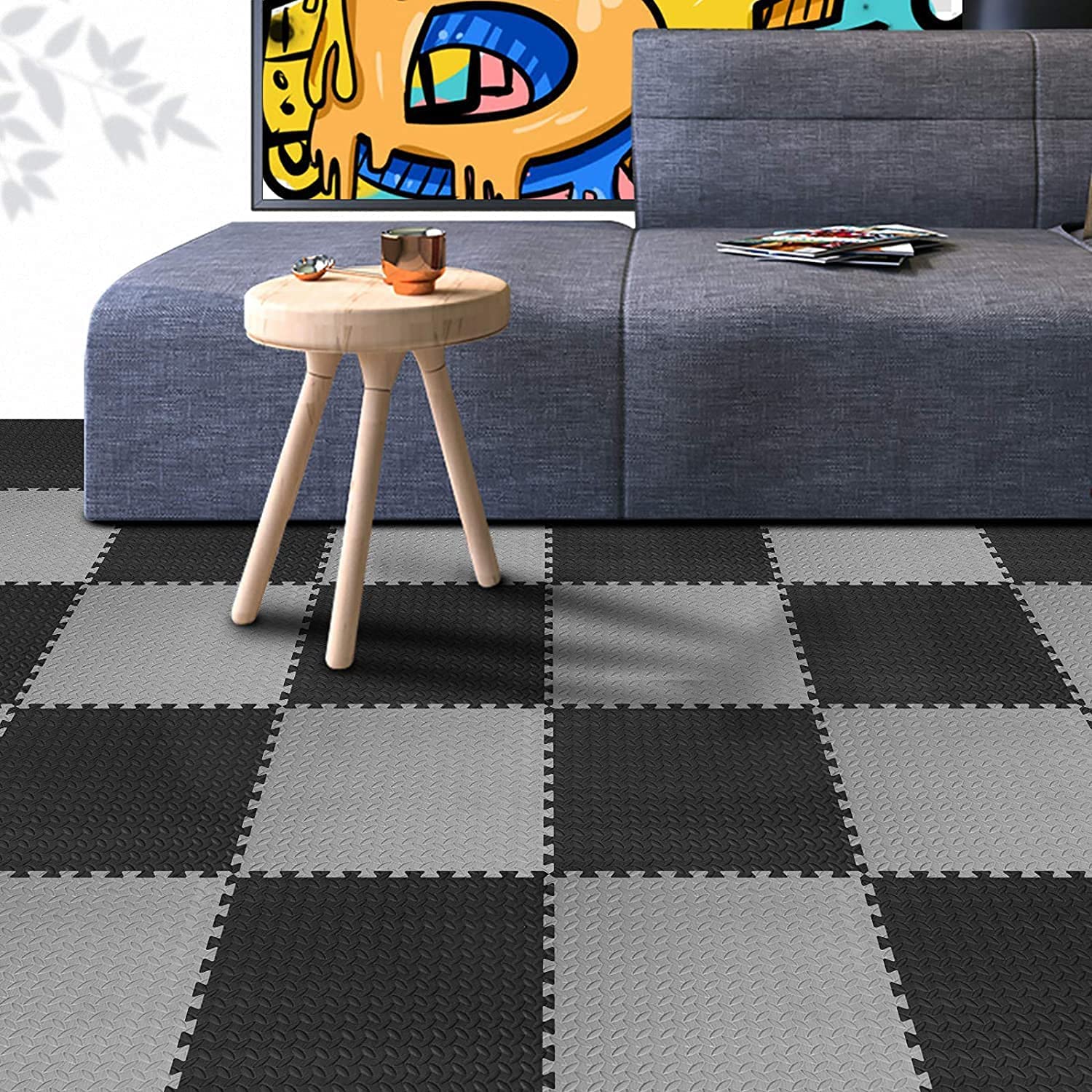 GSQUARE Fitness Puzzle Mat, Gym Floor Mat, Exercise Mat, EVA Foam Interlocking Tiles, Protective Flooring for Gym Equipment and Workouts, 12mm Extra Thick (Grey - Black, 6 mats - 24 sqft) 2