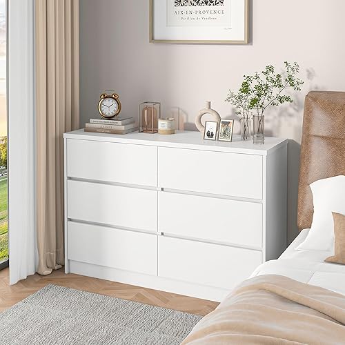 Miniatura 4 de furtble Cómoda de 6 cajones para dormitorio, cómoda blanca moderna, sin asas, gran almacenamiento, cómoda de madera con cajones anchos para armario,