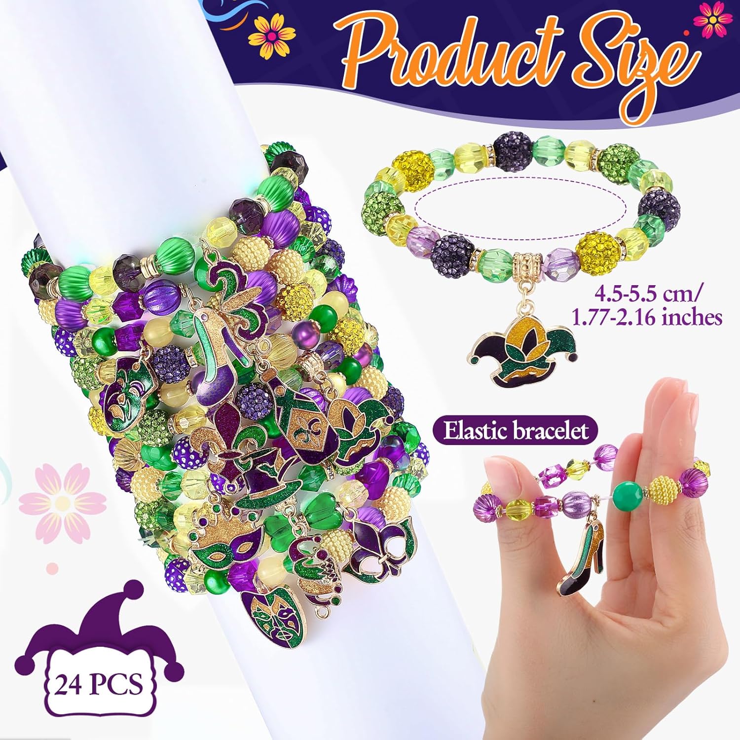 Landical Mardi Gras Bracelets for Women Beaded Stretch Bracelet Glitter Mask Crown Iris Bracelets Purple Green Gold Beaded Bracelet Set for Mardi Gras Accessory Carnival Parade Outfits