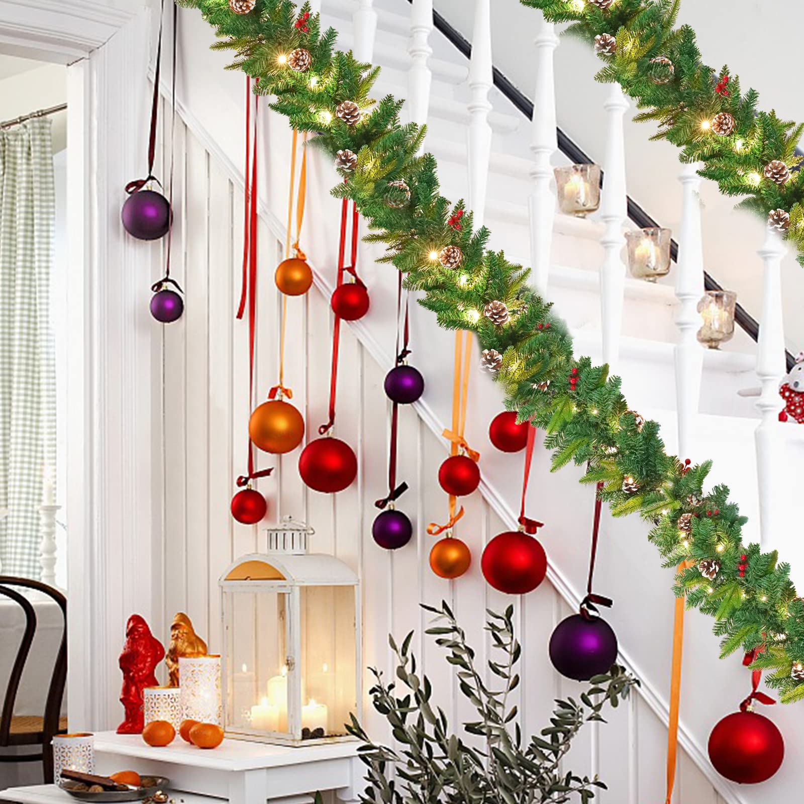Froadp Weihnachtskranz Weihnachtsgirlande Tannengirlande mit Tannenzapfen und Rote Beere Türkranz Weihnachten Girlande Tannenkranz Weihnachtsdeko für Innen und Außen (500cm, mit Lichterkette)