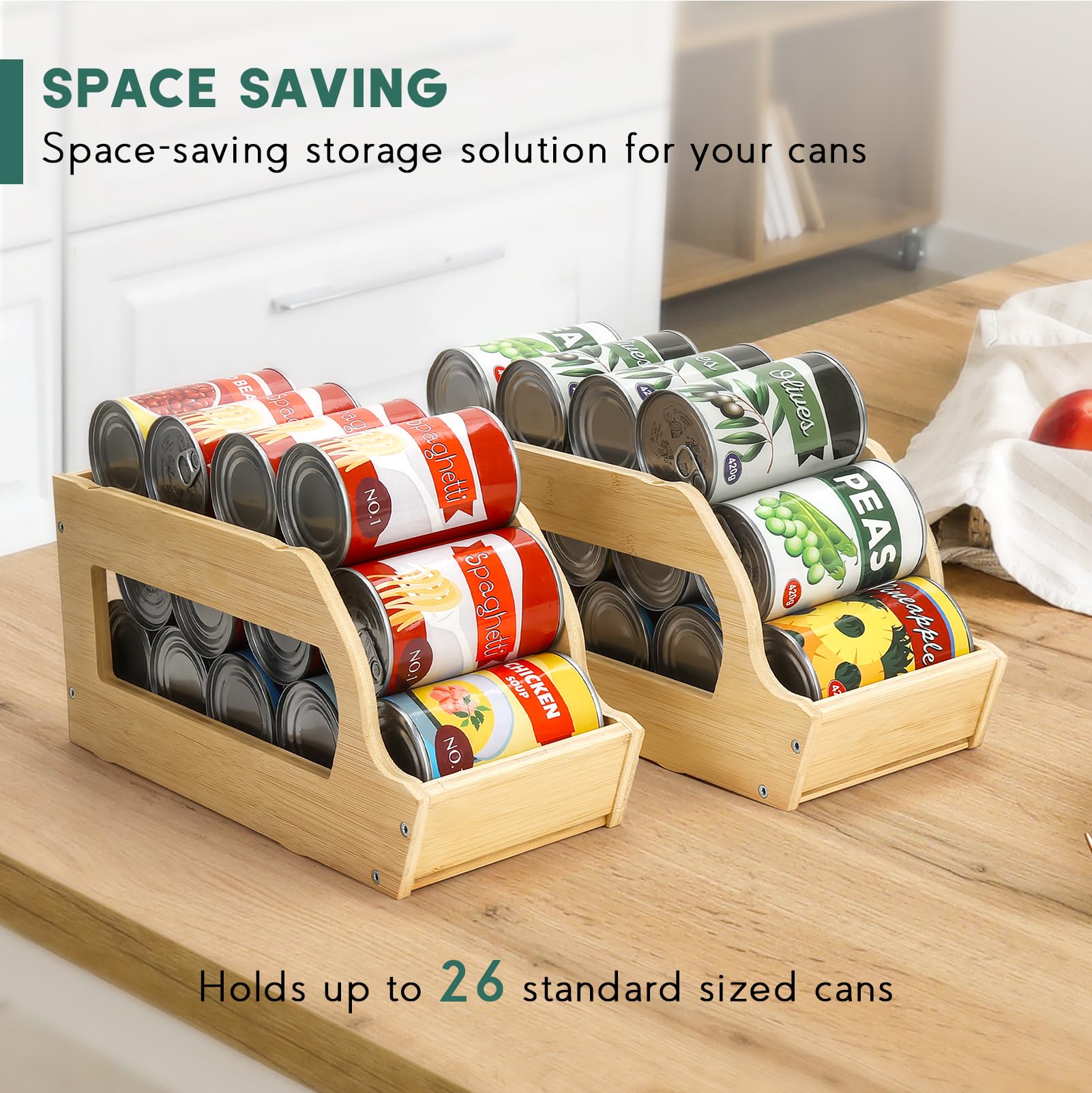 Yumkfoi Bamboo Can Organizers and Storage for Pantry, Soda Can Organizer Beverage Drink Holders, Stackable Canned Goods Organizer Can Dispenser for Pantry, Kitchen, Cabinet (2 Pack)