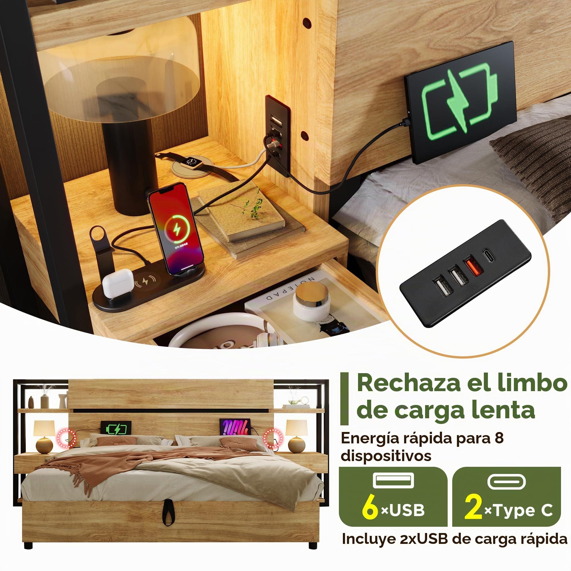 Cama de matrimonio de 160 x 200 cm con cajones y puerto de carga USB y tipo C de madera, cama de almacenamiento hidráulico, cabecero de almacenamiento, somier con listones de madera, acabado
