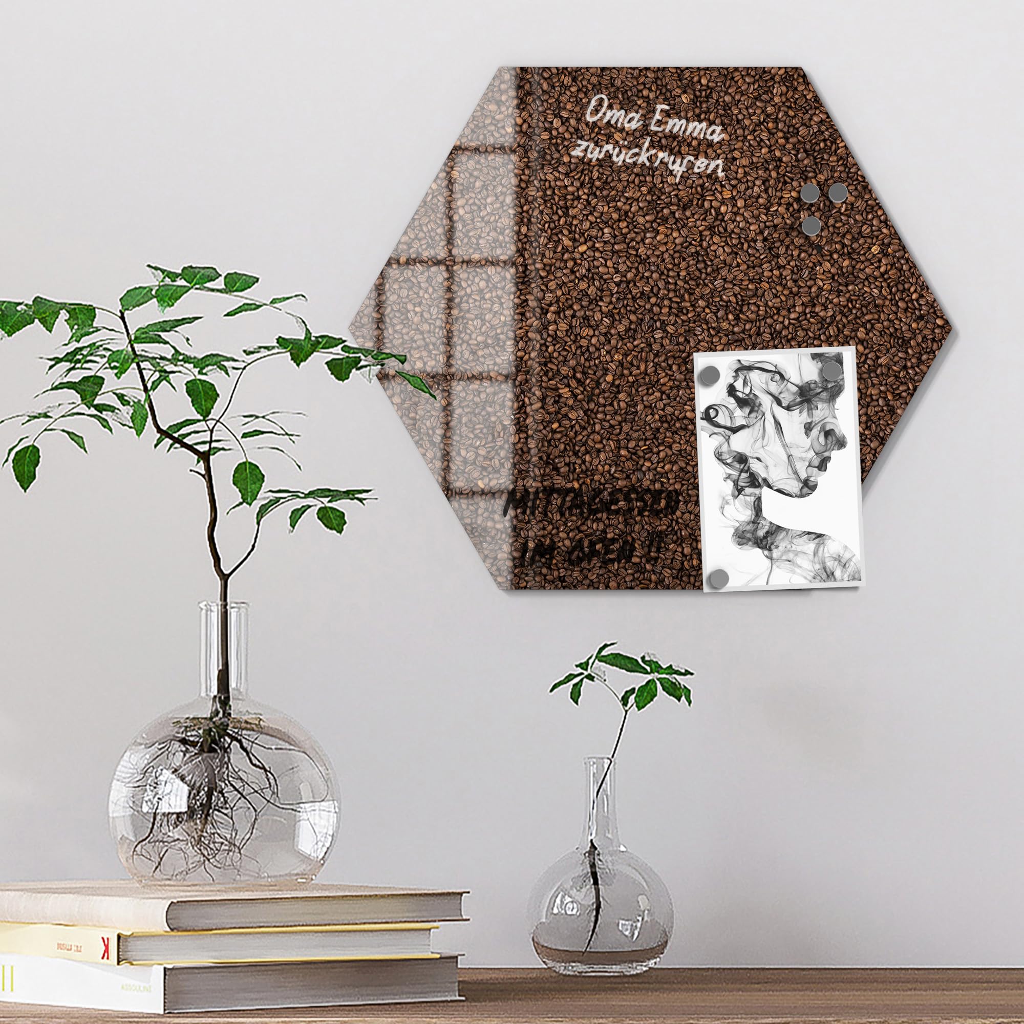 DEQORI Szklana tablica magnetyczna | sześciokątny rozmiar 40 x 34,5 cm | motyw "Kawa ziarnista morza" | tablica memo ze szkła | tablica magnetyczna z magnesami, długopisem i ściereczką do kuchni i