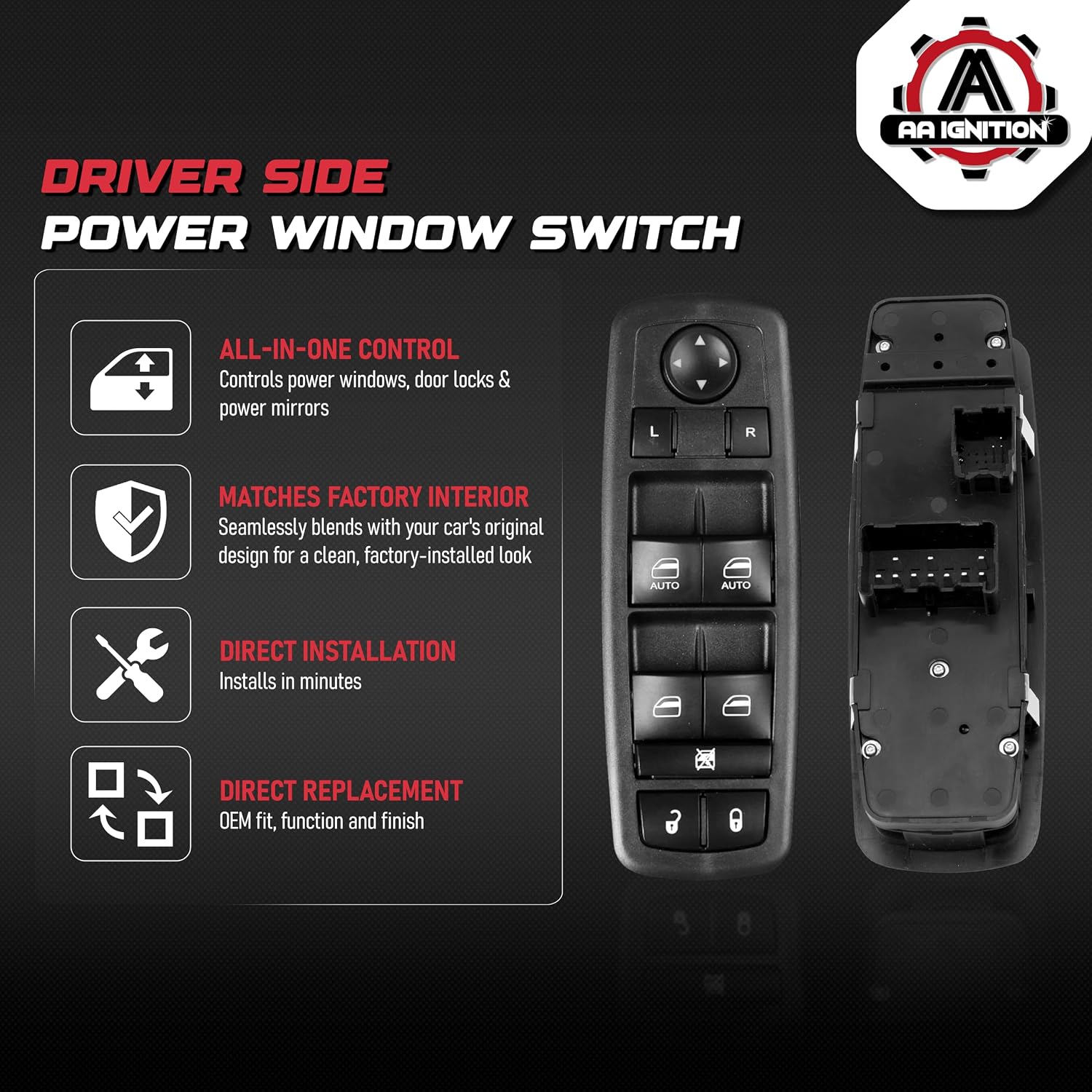 Driver Side Master Power Window Switch, Double Auto Button ONLY - Compatible with Chrysler, Dodge & Jeep, Ram, Grand Caravan, Journey, Liberty - Replaces 4602863AD, 4602870AD, 901-473, 4602863AB