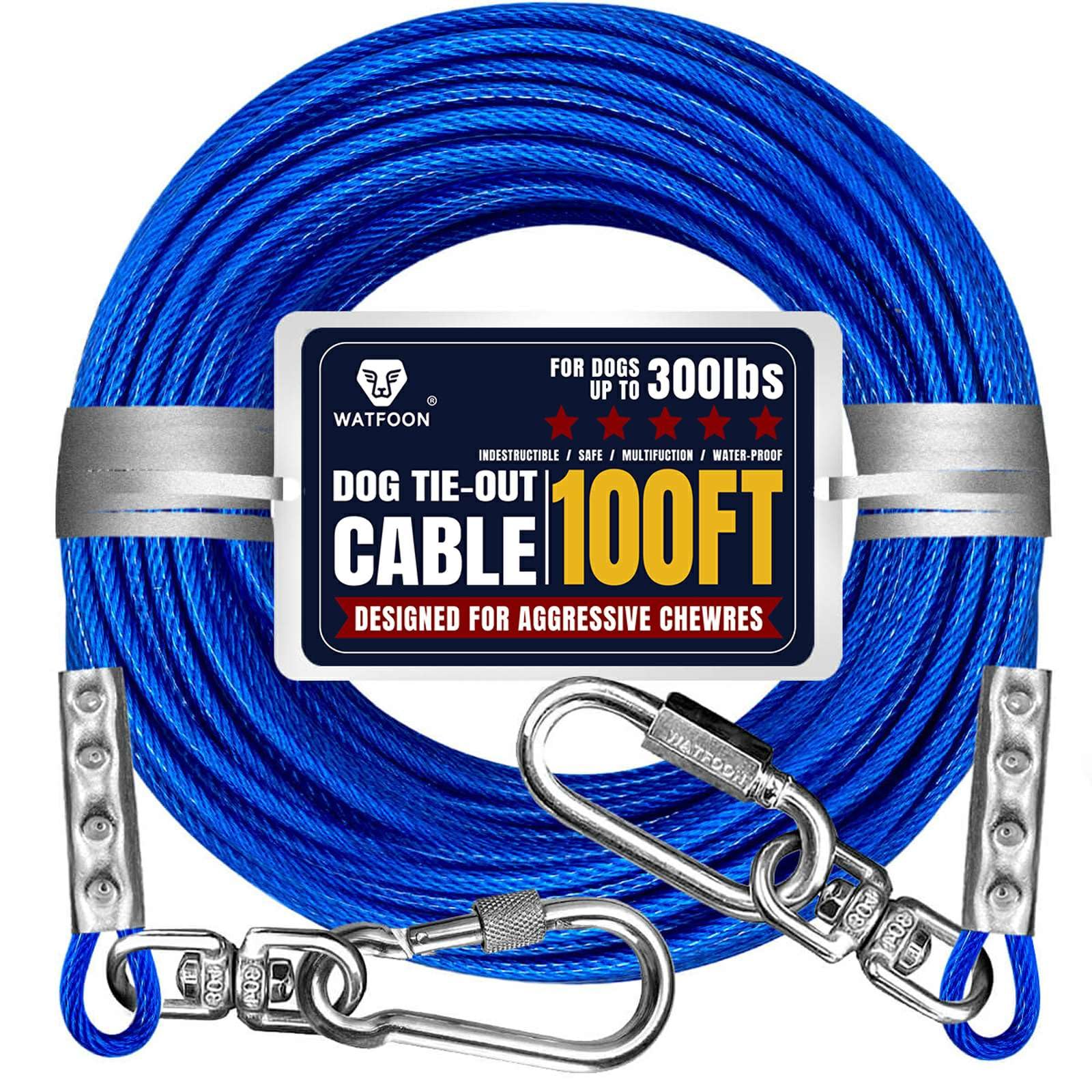 100Ft Dog Tie Out Cable, 65/85/100ft Dog Leads for Large Dogs Up to 300 Pounds, 5mm Heavy Duty 1000lbs Break Strength Galvanized Braided Steel Dog Outdoor Leash Cable (Reflective Blue, 300lbs 100FT) — image 1
