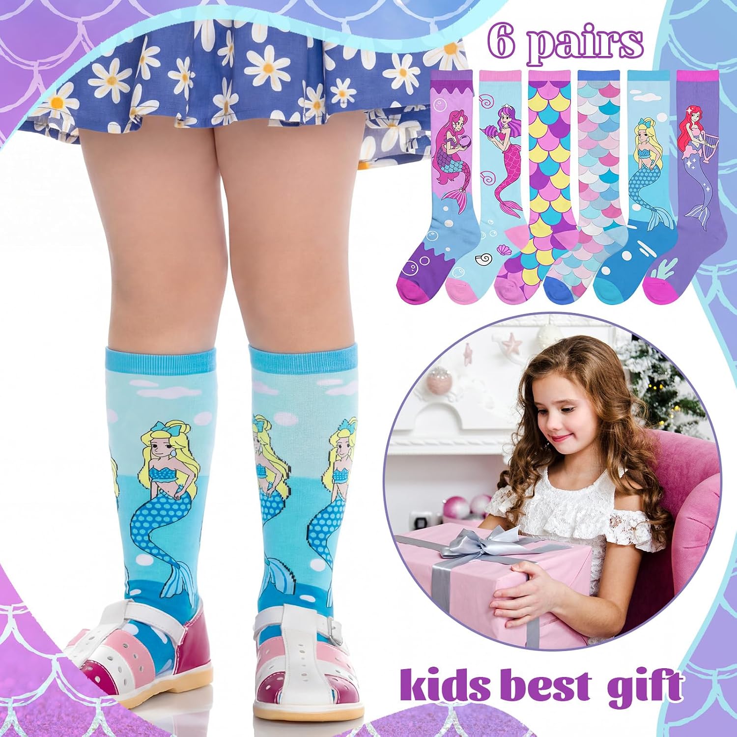 Fourluoo 6 Pairs Kid Axolotl Mermaid Socks