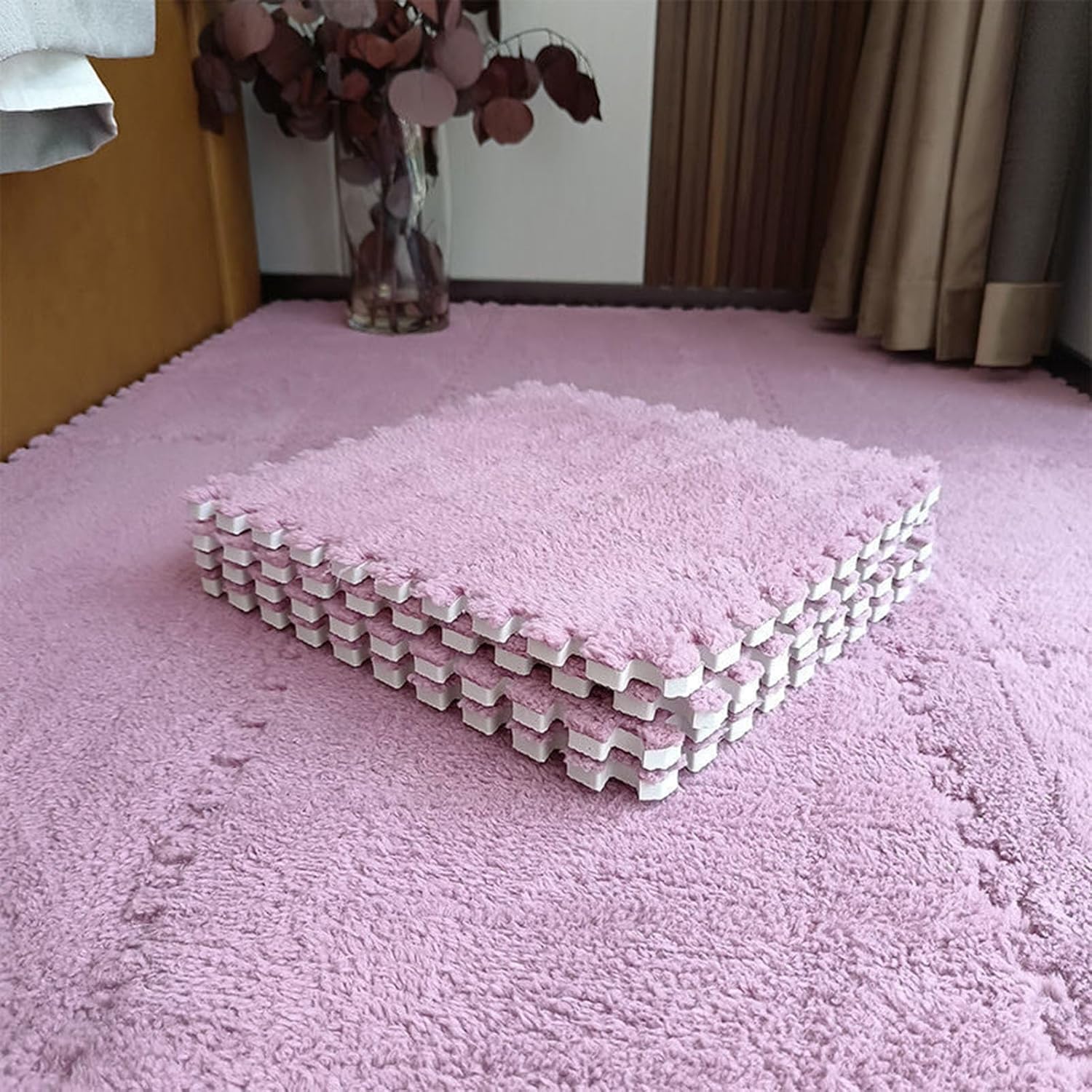 Pluszowa mata do raczkowania, 18 sztuk blokujących puzzli piankowych, pluszowych bloków dywanowych, maty wielokolorowe, wiele rozmiarów(Pink,60x60cm)