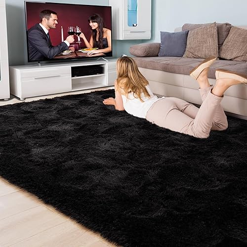Miniatura 7 de Alfombras de pelo largo para sala de estar, alfombras negras de 5 x 7 pies, antideslizantes, modernas, de estilo minimalista, de espuma