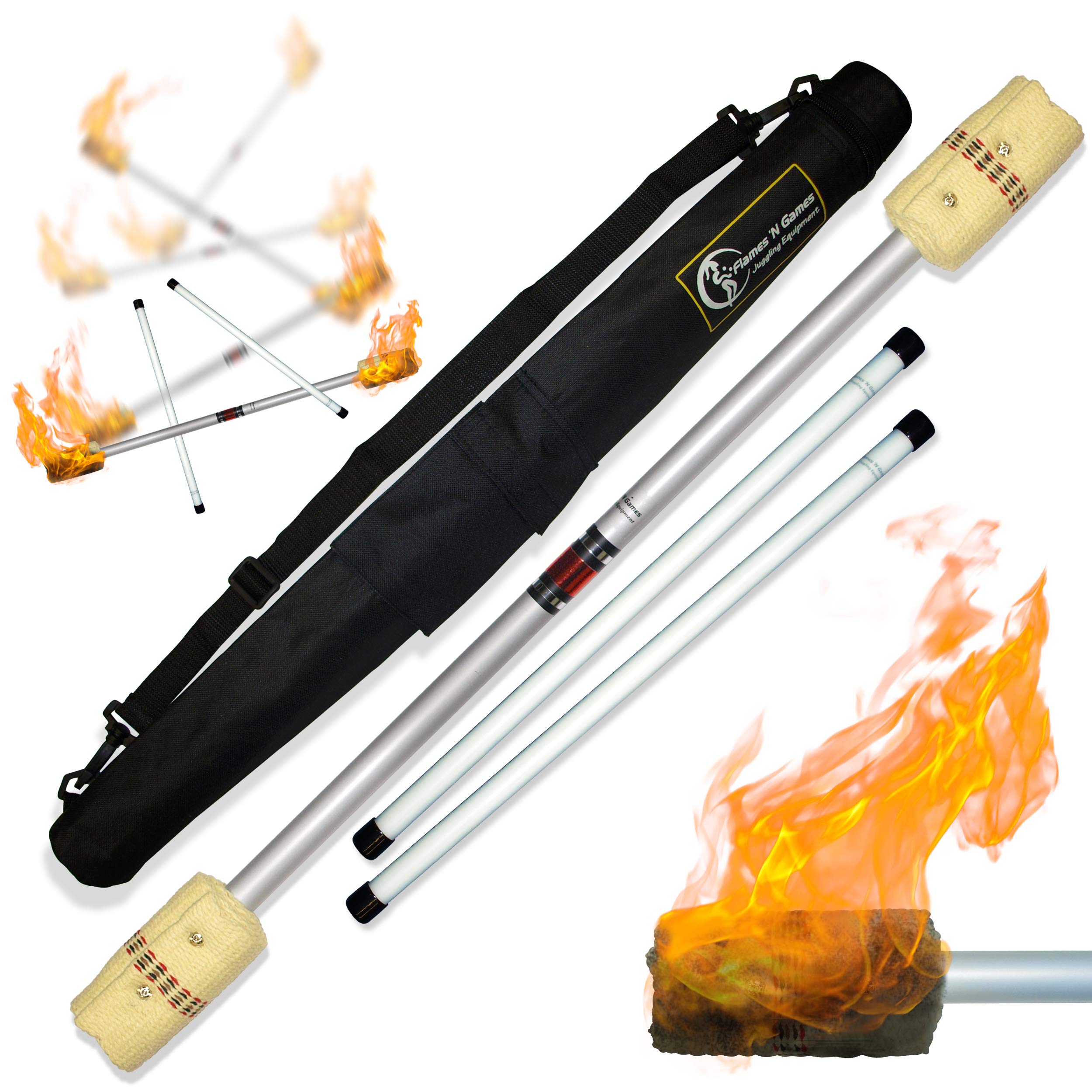 Flames N Games FIRE Devil Stick Set (100mm Wicks) Ultra-Strong Fibre Sticks + Travel Bag! Juggling Devil Sticks for Beginn...