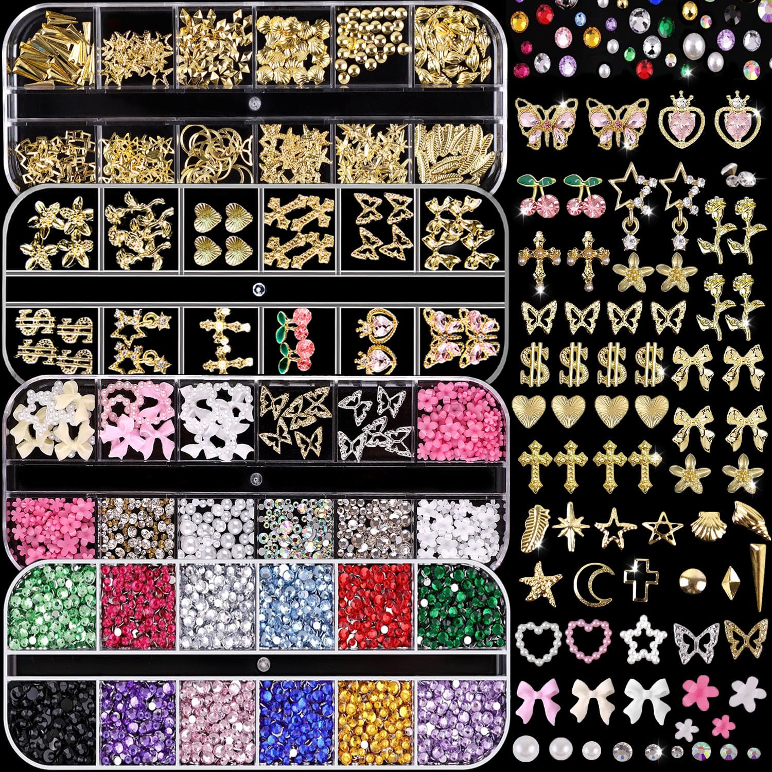 4 Boxes Gold Nail Charms and Gems Set, Nail Gems Nail Pearls Nail Art Tools